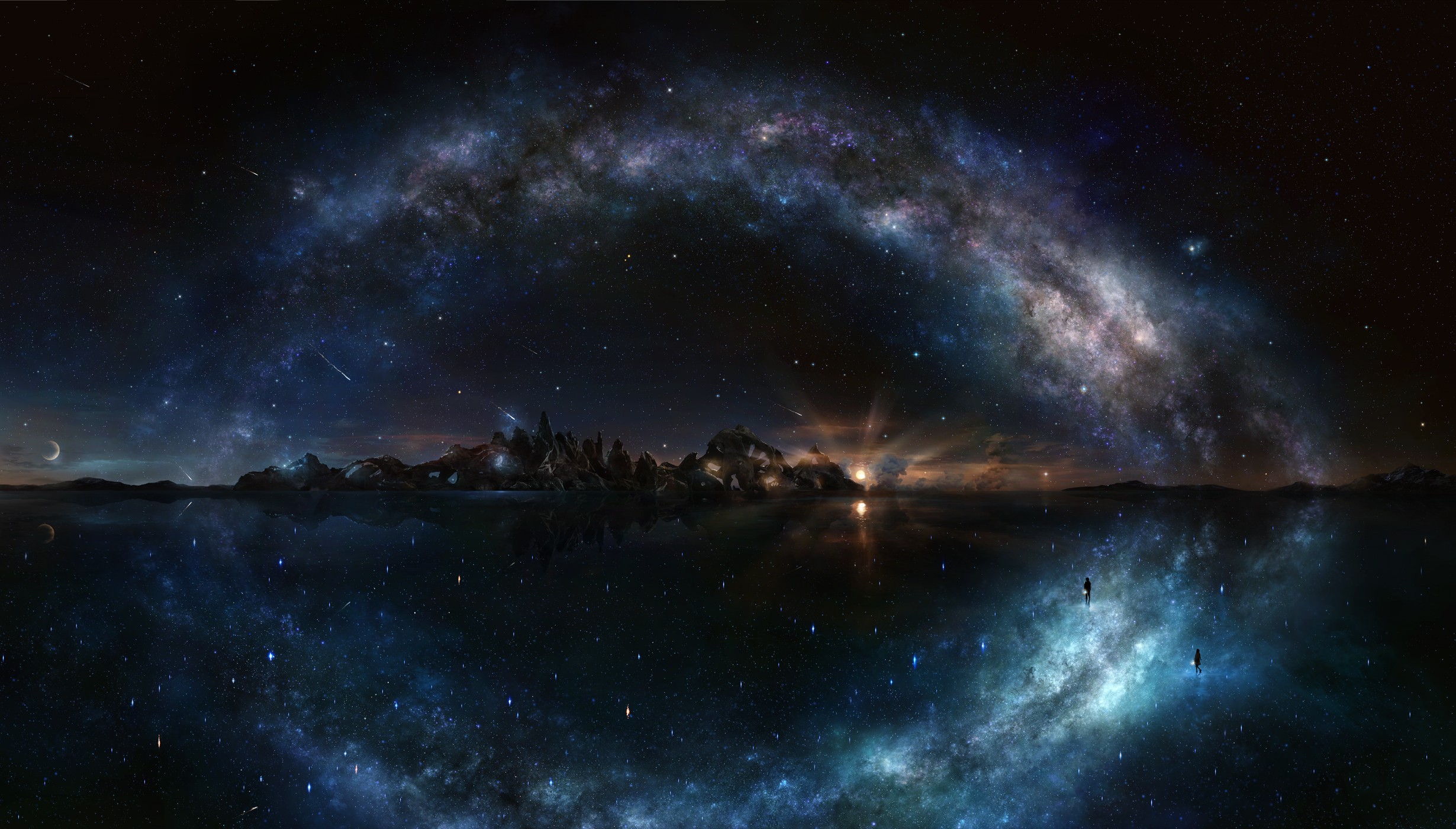 Digital art of a celestial landscape with a galaxy arch HD Wallpaper