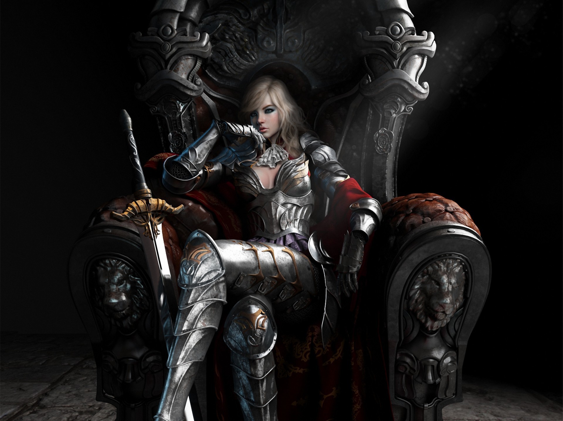 Fantasy warrior woman sitting on a throne HD Wallpaper