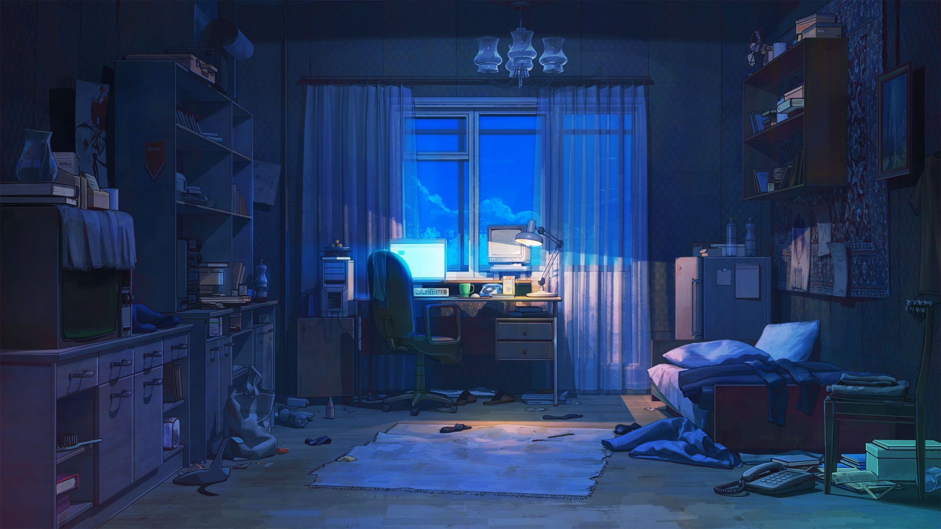 Anime room with a desk and bed at night HD Wallpaper