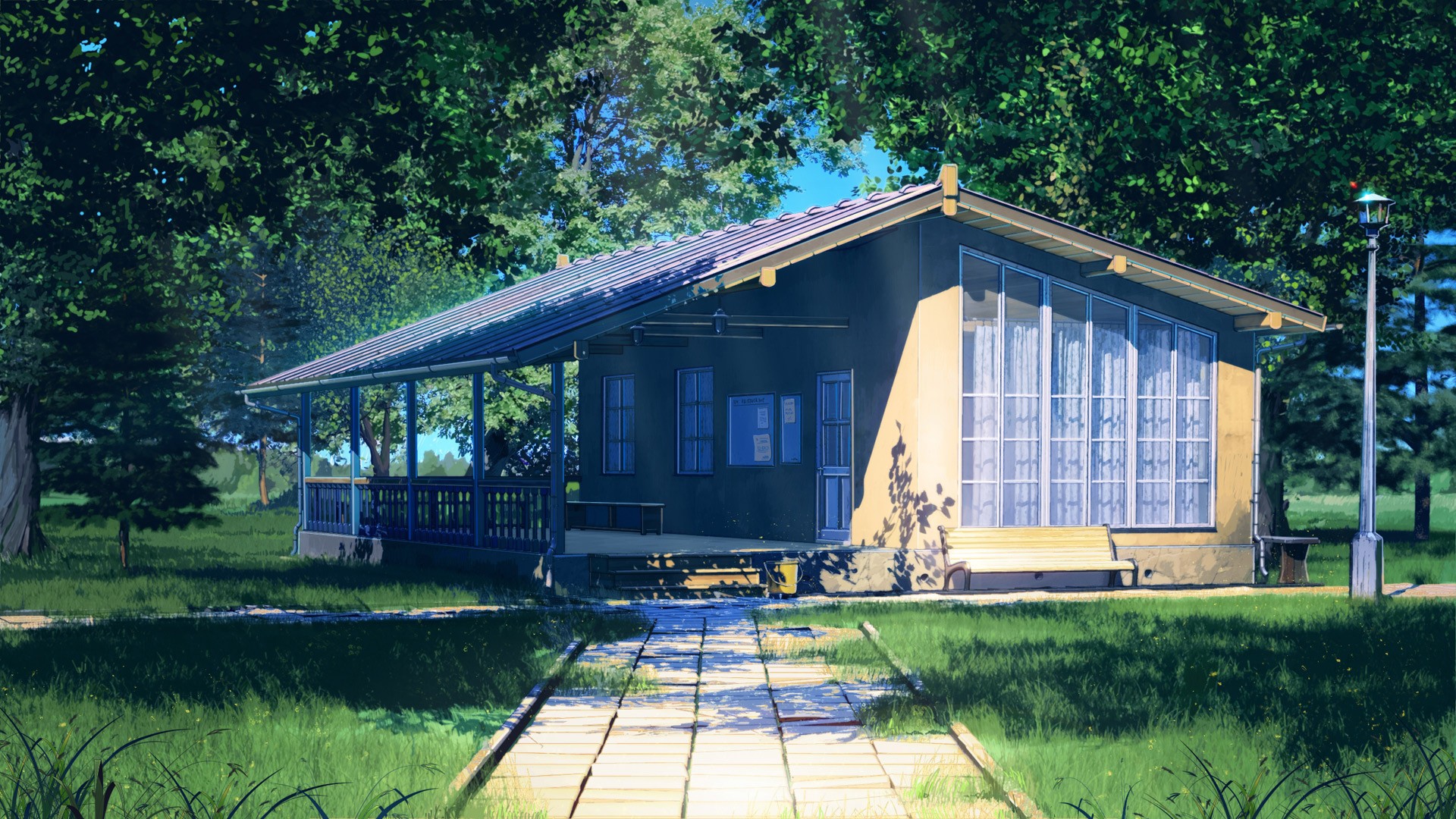 Everlasting Summer cottage with path and trees HD Wallpaper