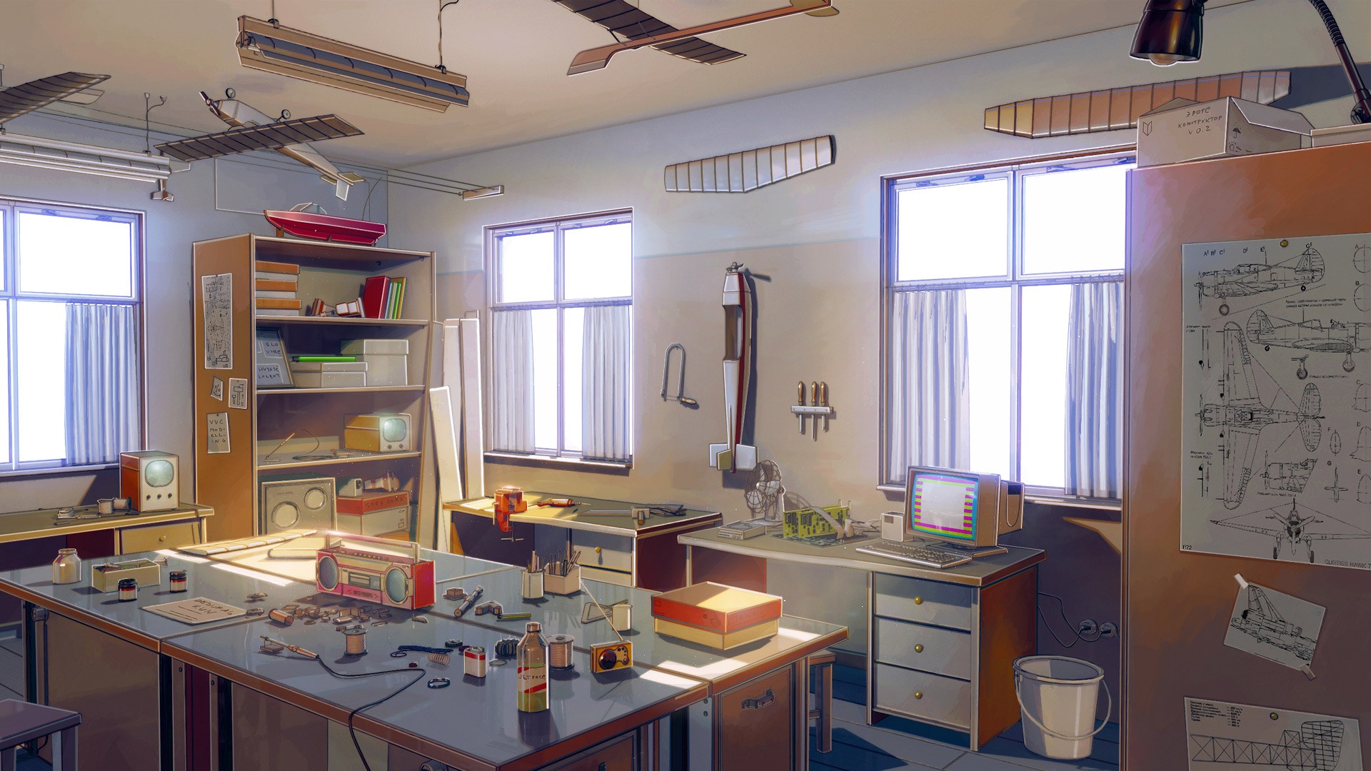 Everlasting Summer workshop with radio and aircraft schematics HD Wallpaper