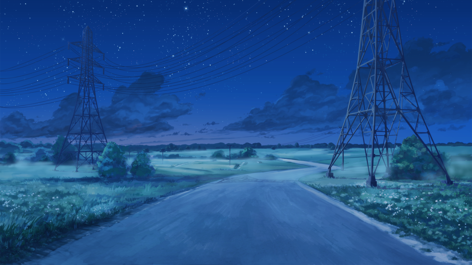 Everlasting Summer, ArseniXC, clouds, starry night, utility pole, power lines HD Wallpaper