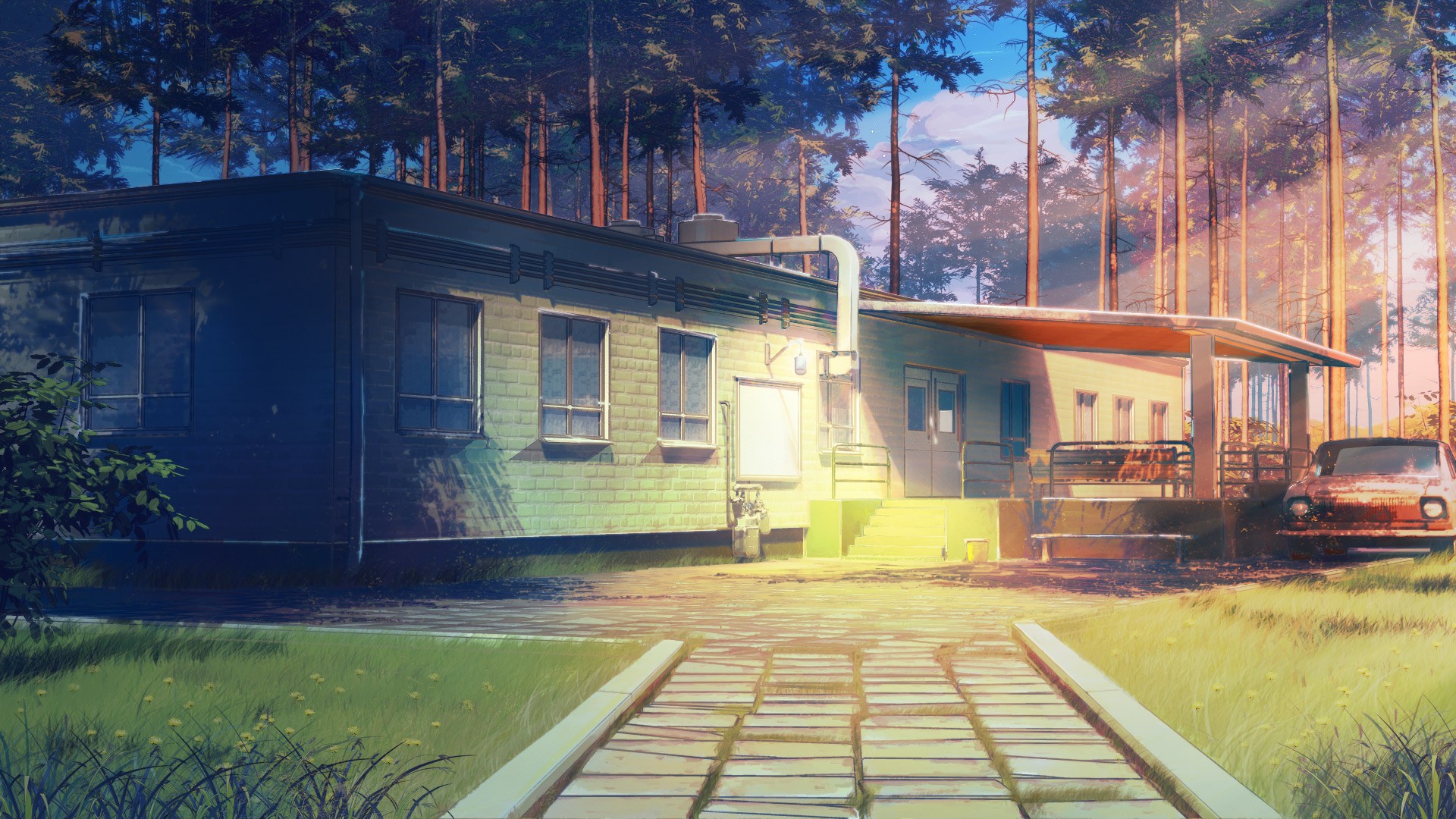 Anime scene with a building and a car HD Wallpaper