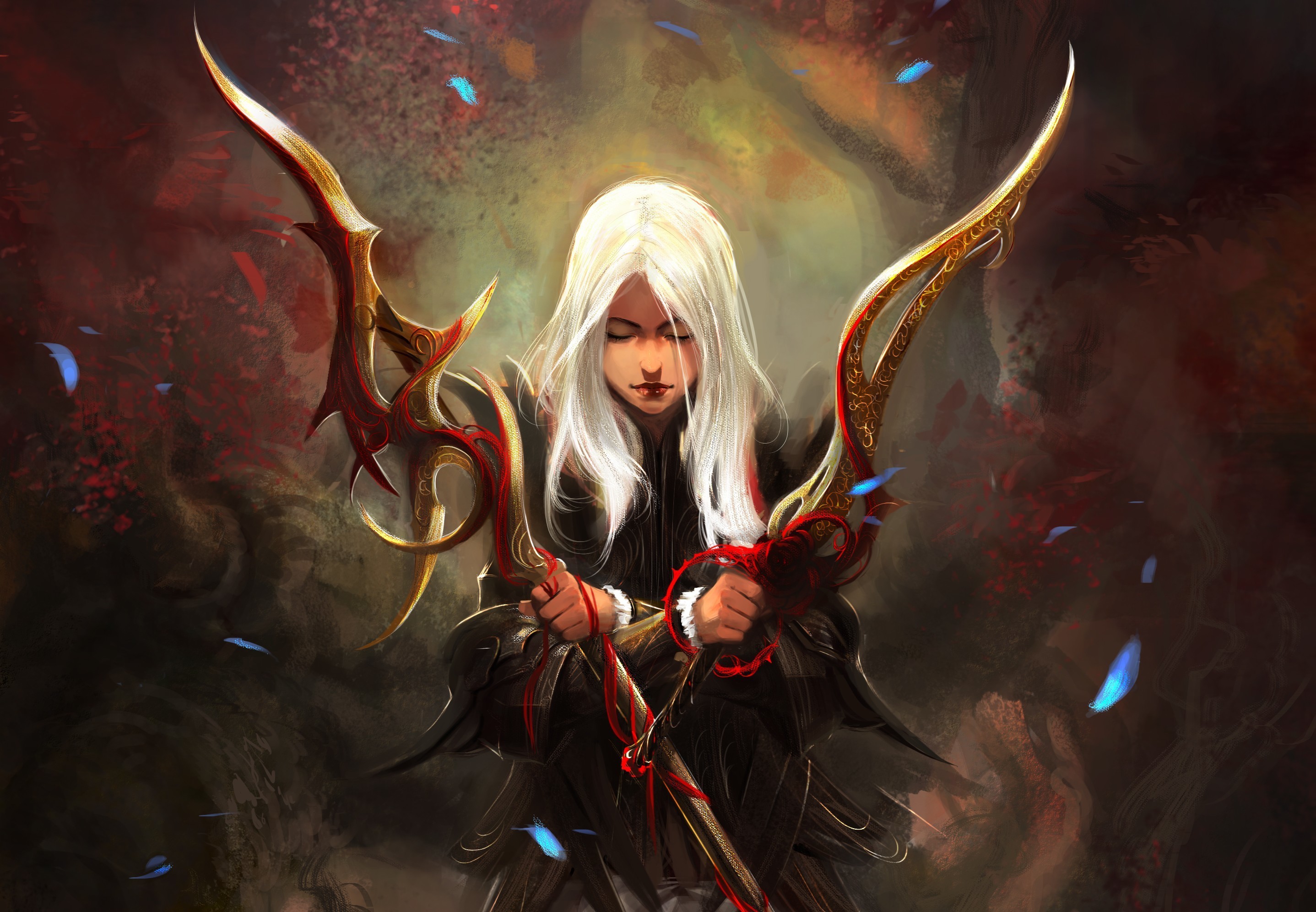 Fantasy art of a woman with swords HD Wallpaper