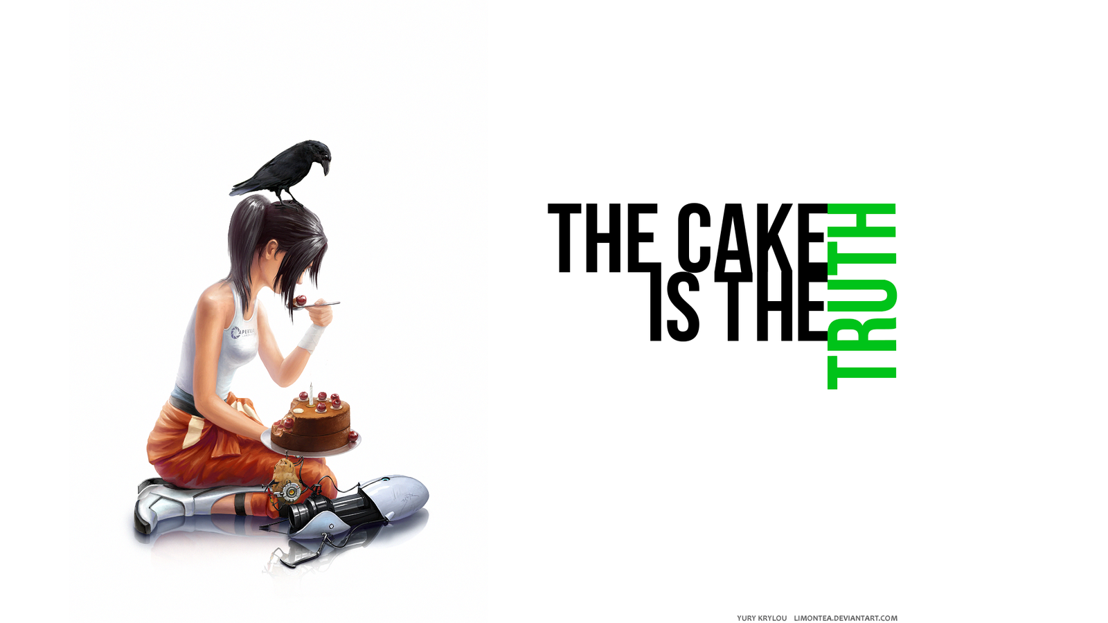 Chell from Portal eating cake with a crow on her head HD Wallpaper