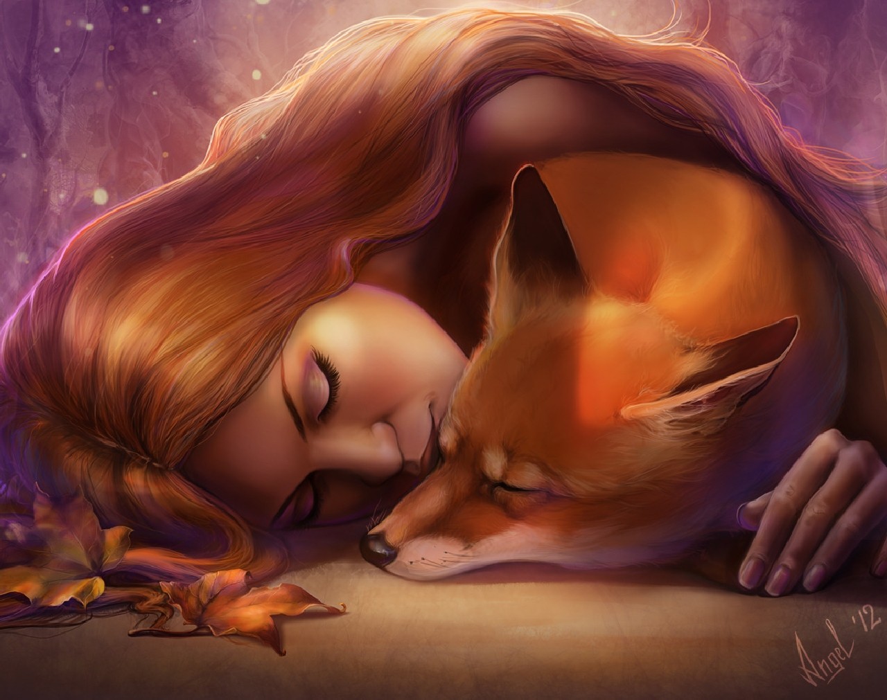Woman sleeping with a fox HD Wallpaper