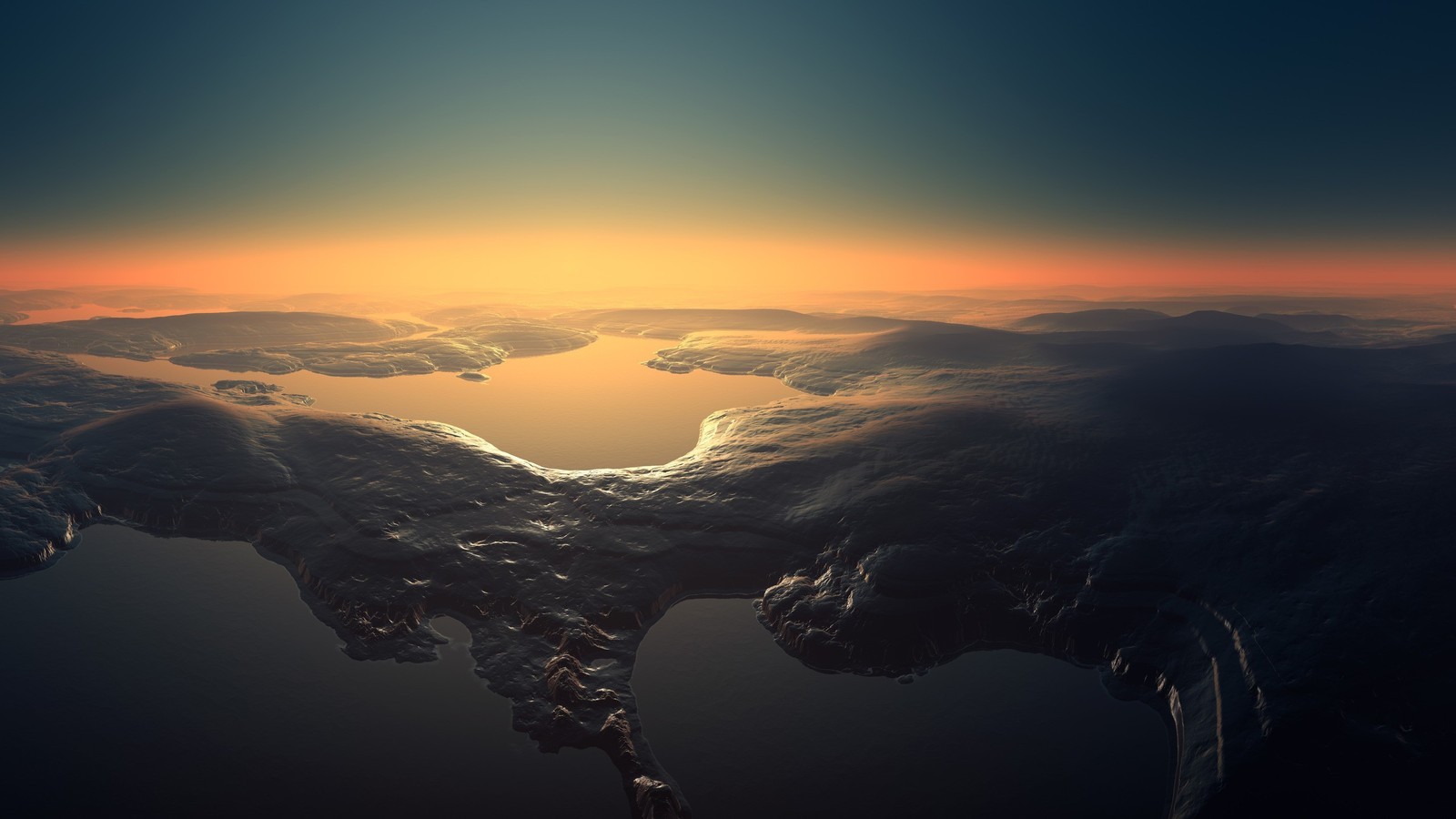 Alien landscape with water and sunset HD Wallpaper