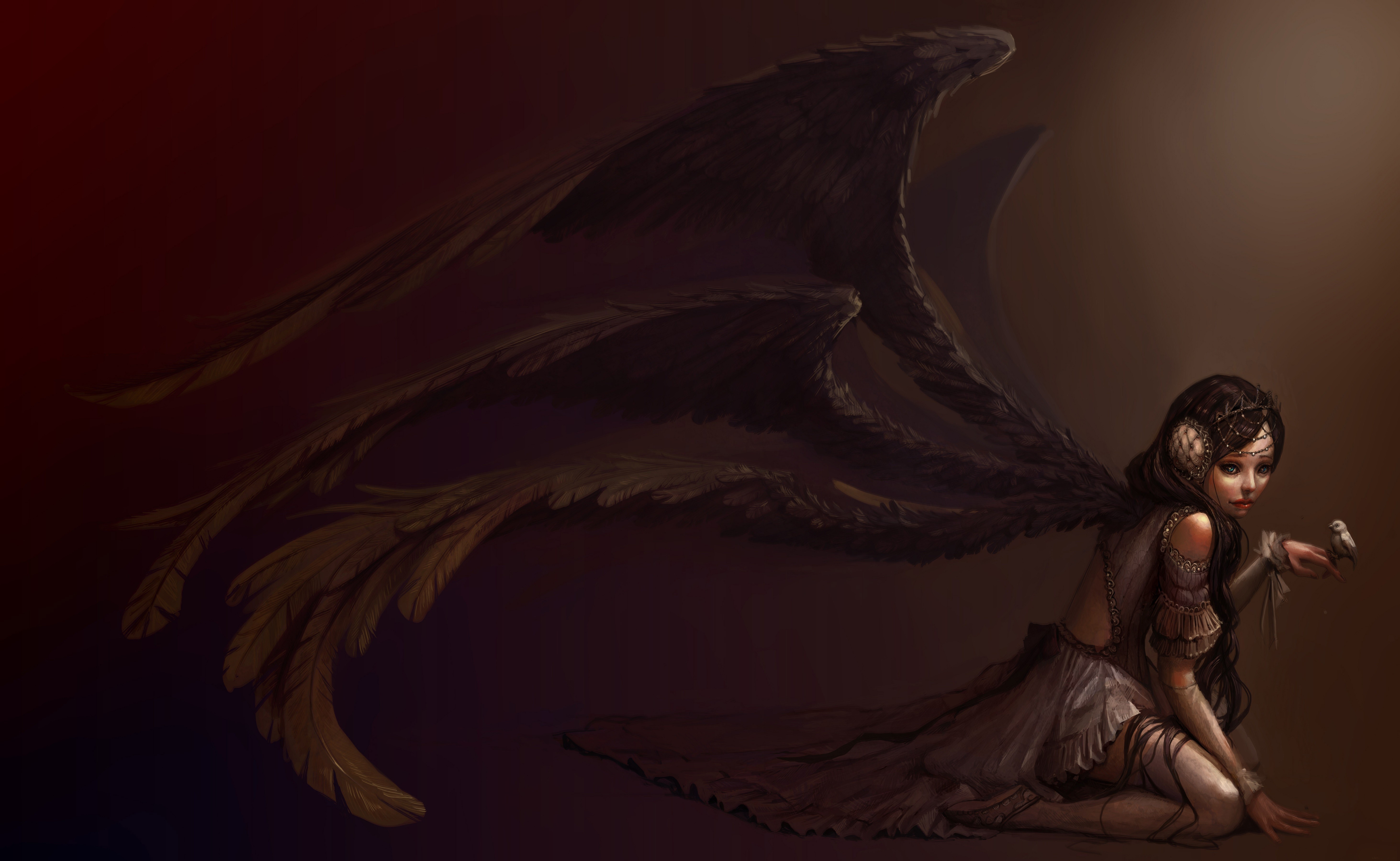 Fantasy art of an angel with dark wings holding a bird HD Wallpaper