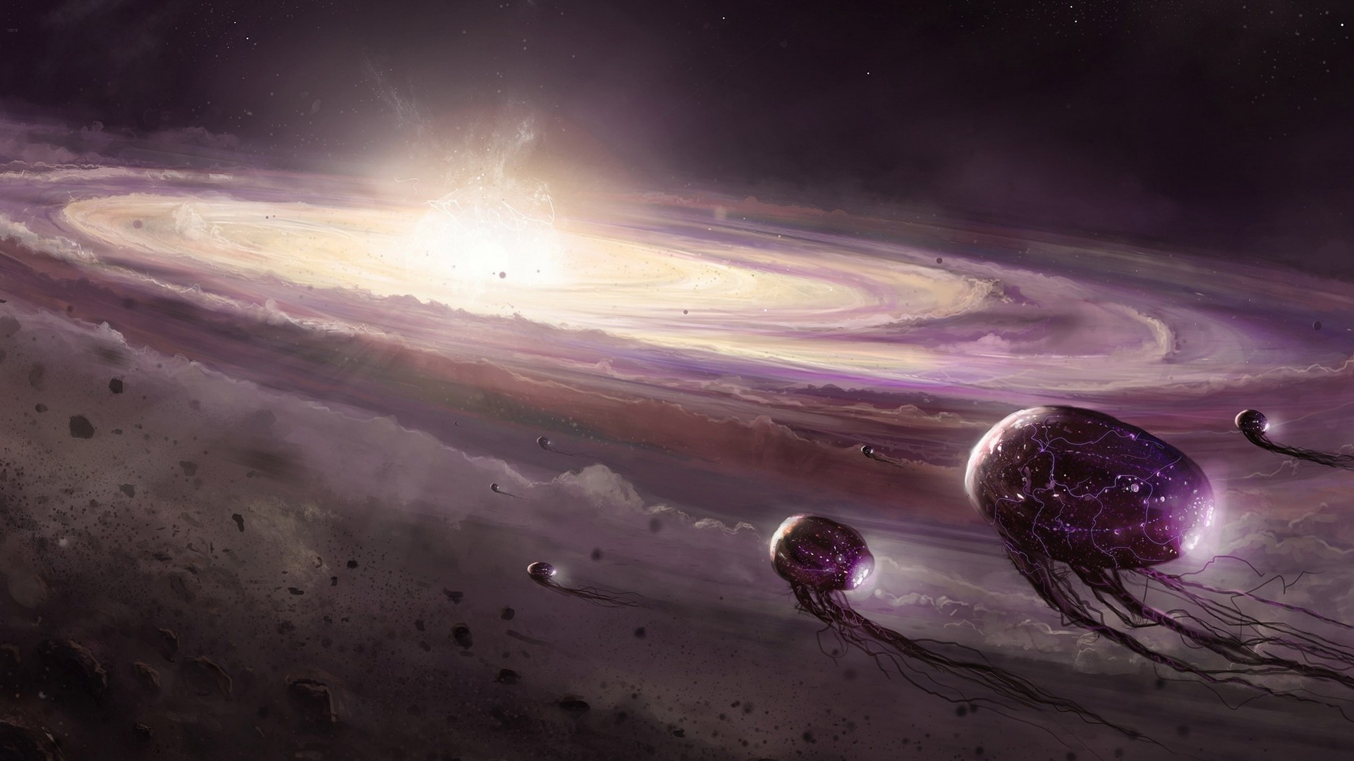 Alien jellyfish-like creatures in a cosmic nebula HD Wallpaper