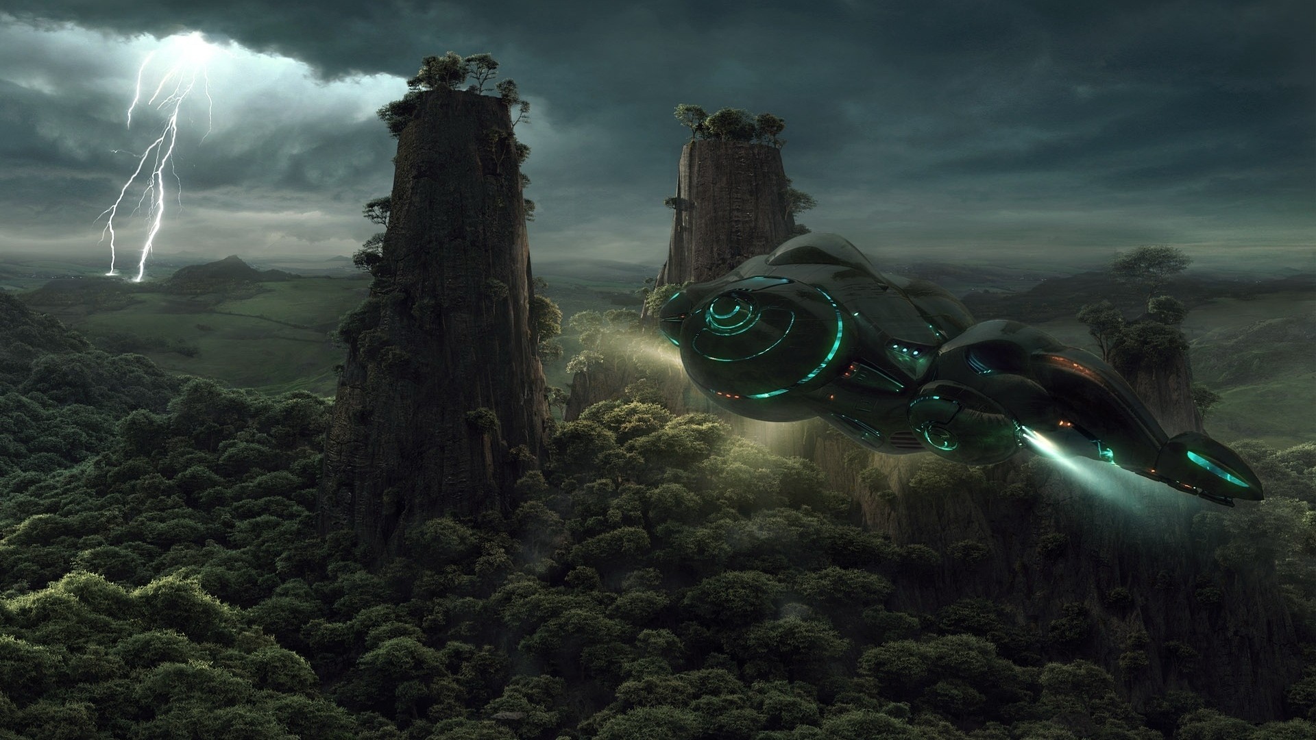 Alien spaceship flying over a stormy alien landscape HD Wallpaper
