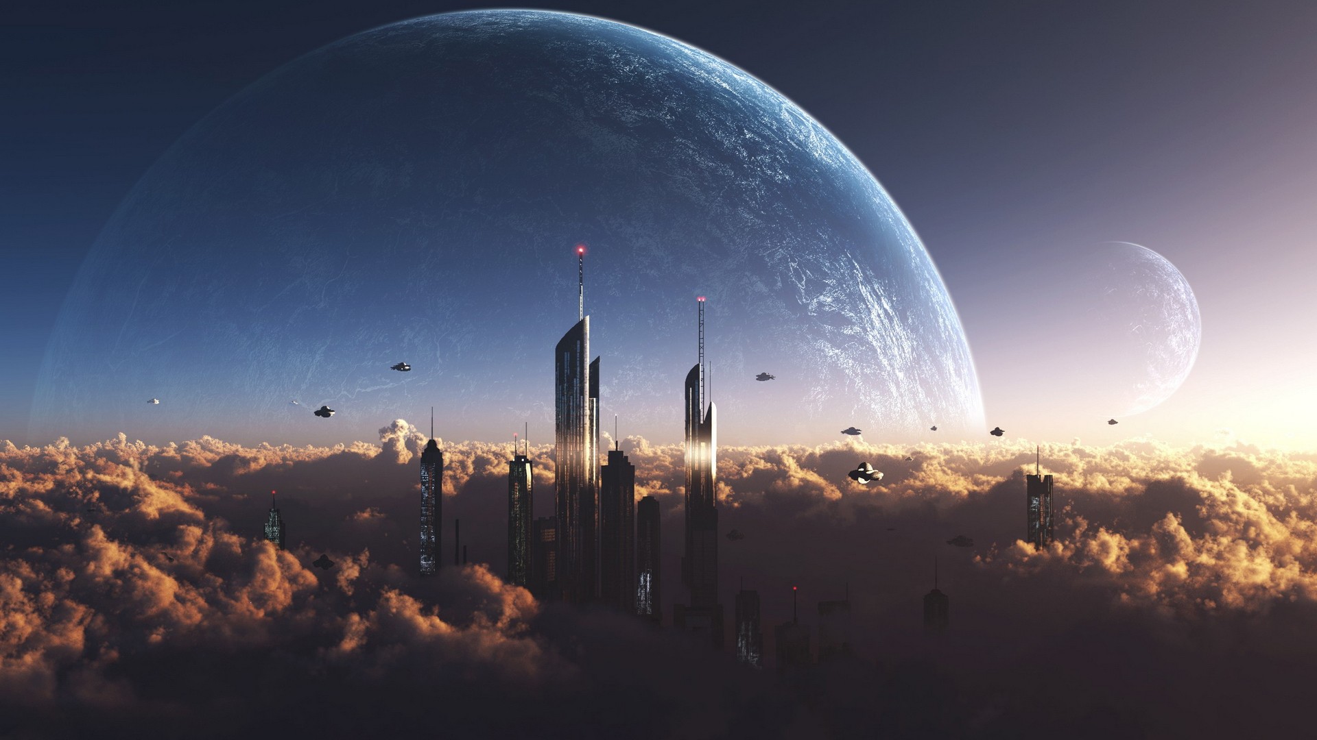Futuristic city in the clouds with planets in the sky HD Wallpaper