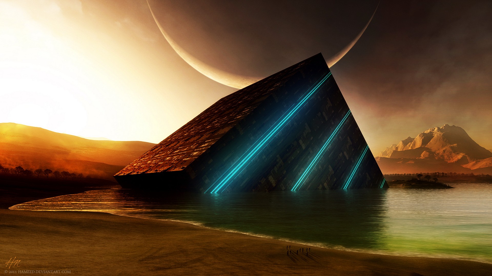 Alien Pyramid Structure in Water with Planet Overhead HD Wallpaper
