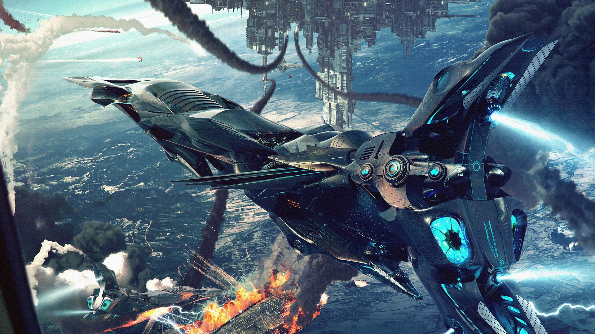 Futuristic spaceships in battle above a planet HD Wallpaper