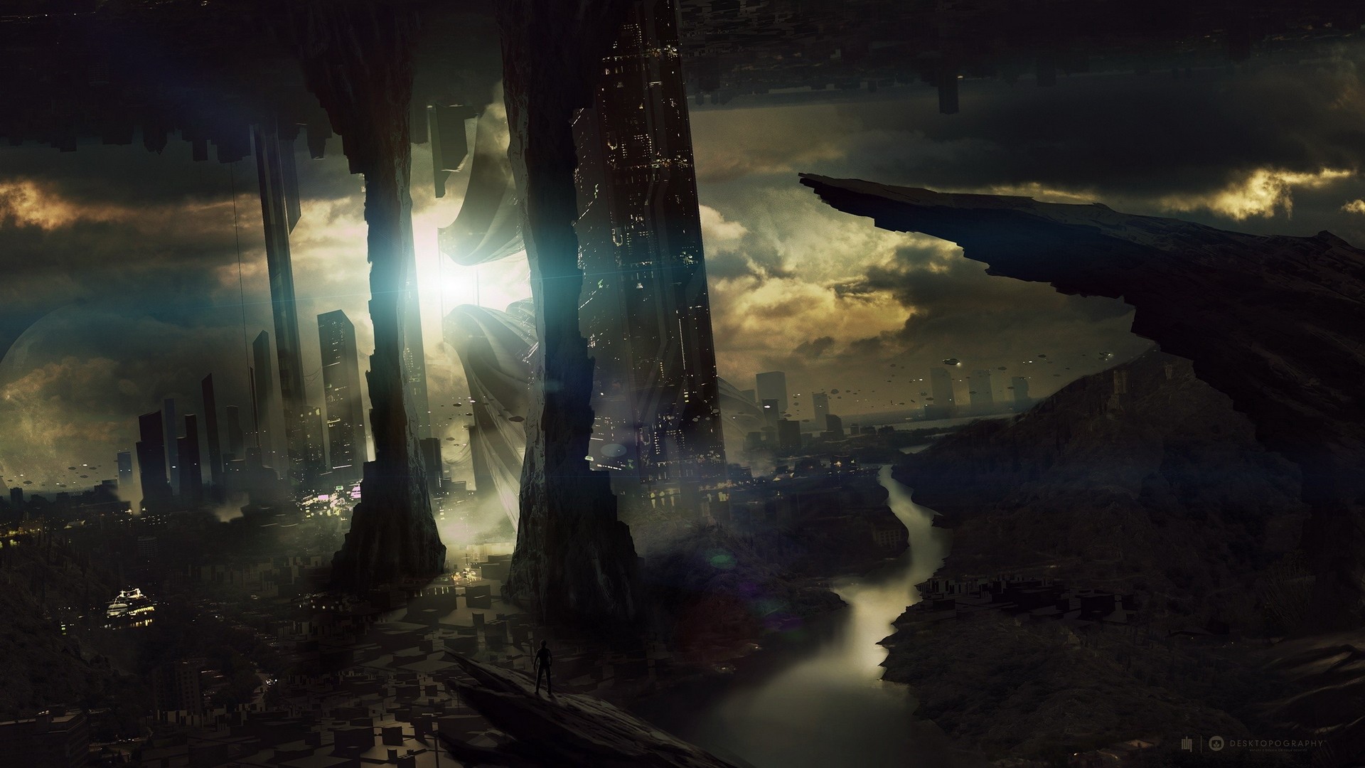 Futuristic city with towering skyscrapers and alien landscape HD Wallpaper