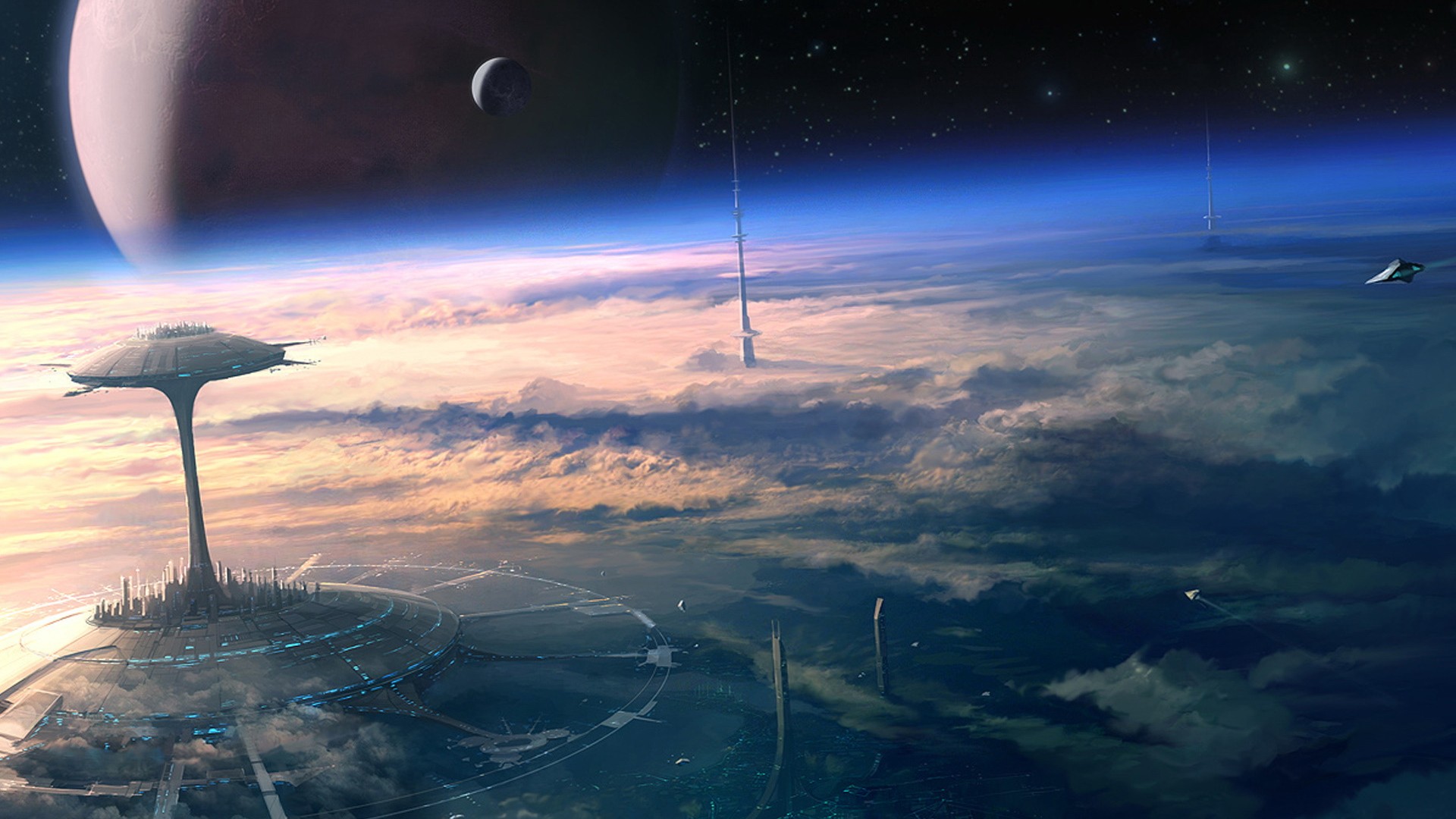 Futuristic city structures on a planet with a large moon HD Wallpaper