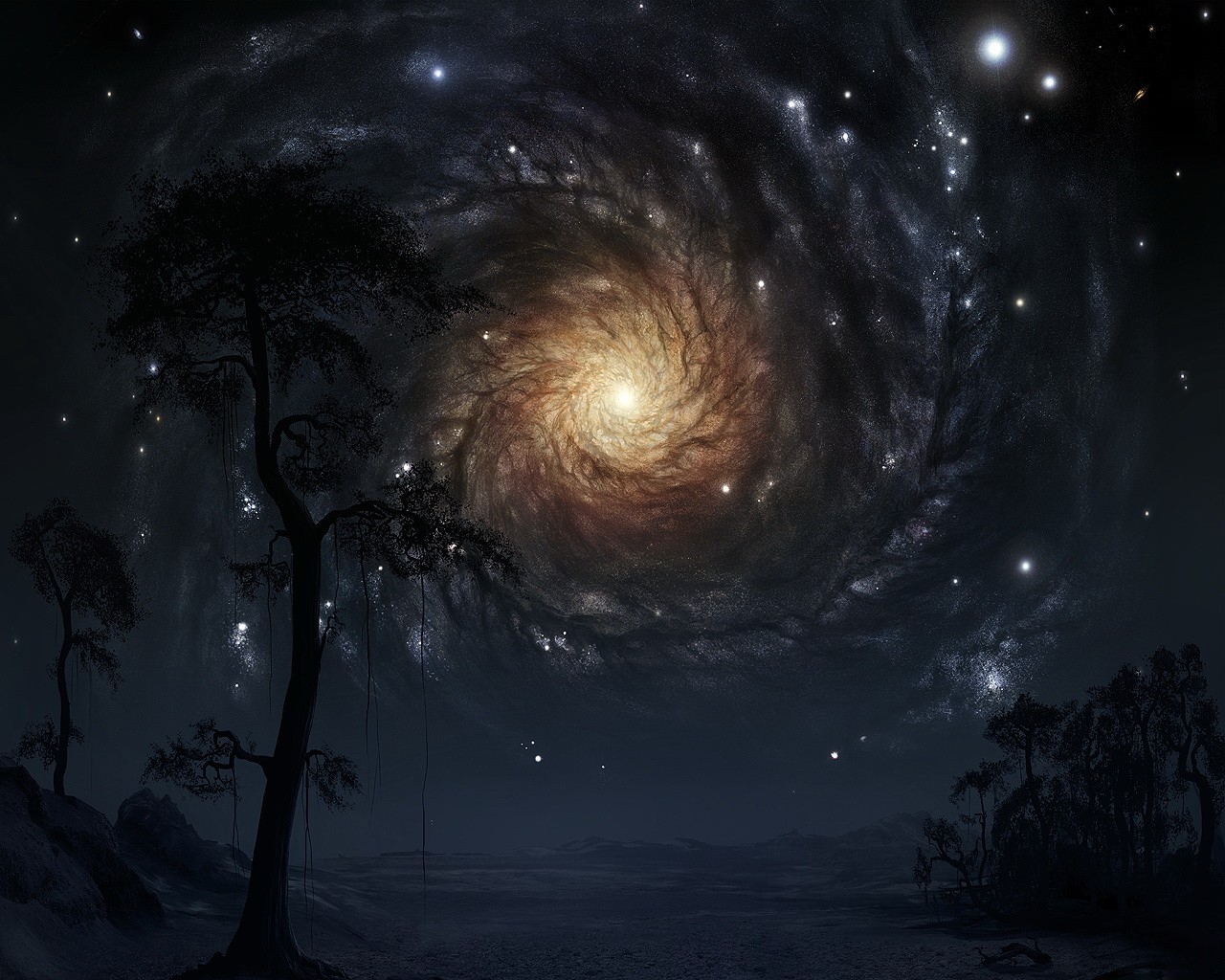 Spiral galaxy over a dark, alien landscape with silhouetted trees HD Wallpaper