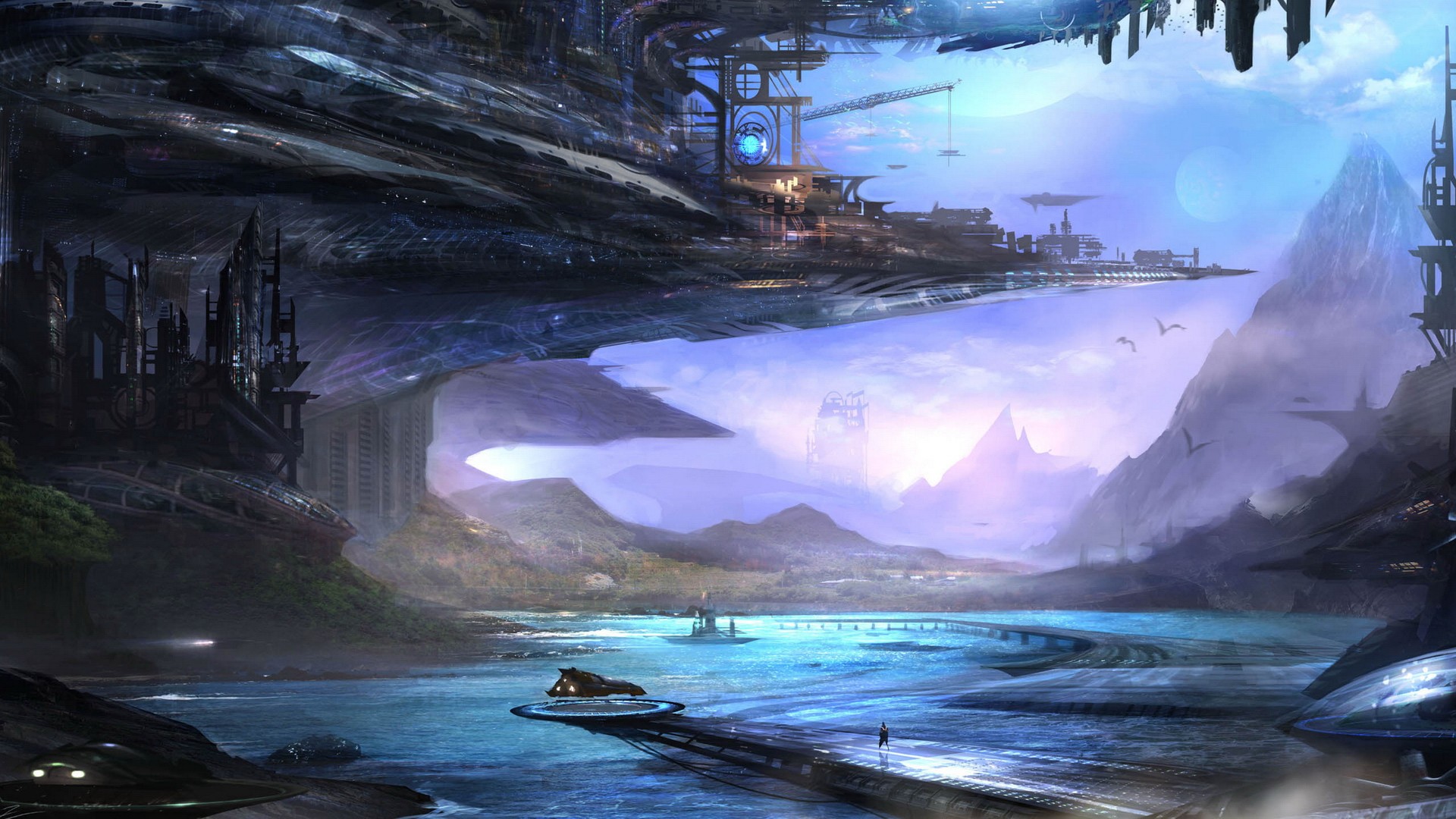 Futuristic city on a planet with mountains and water HD Wallpaper