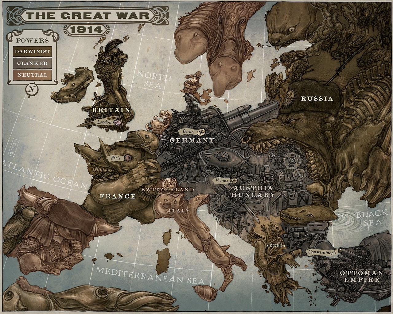 The Great War 1914 map of Europe with monstrous nations HD Wallpaper