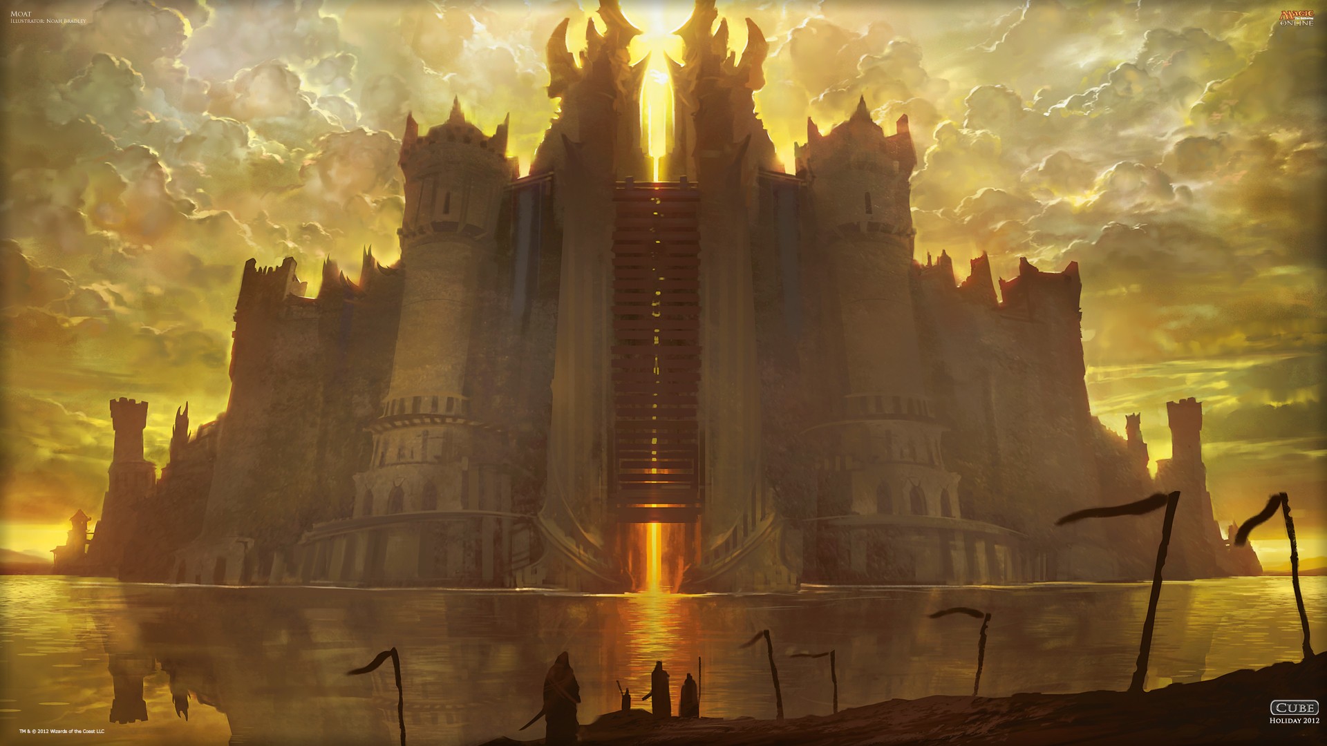 Fantasy castle with glowing entrance and stormy sky HD Wallpaper