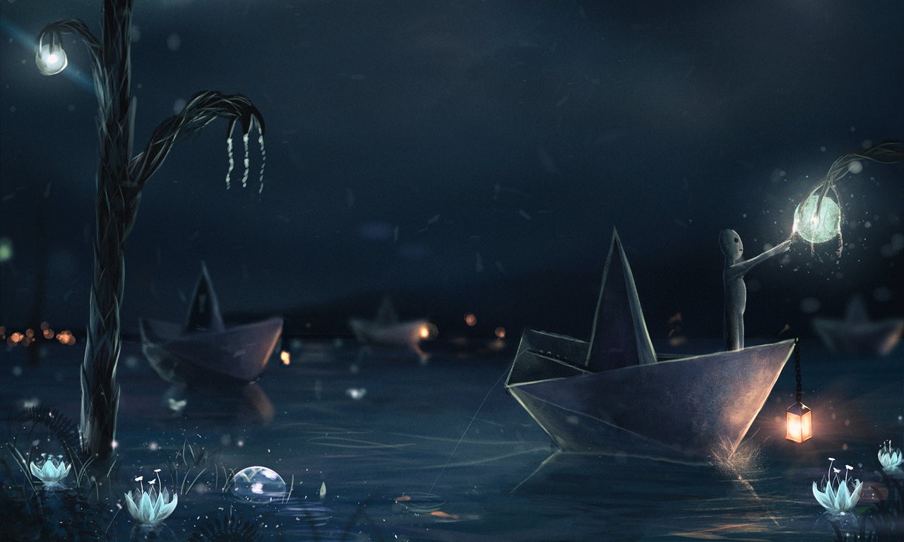 Paper boats and a figure holding a lantern HD Wallpaper