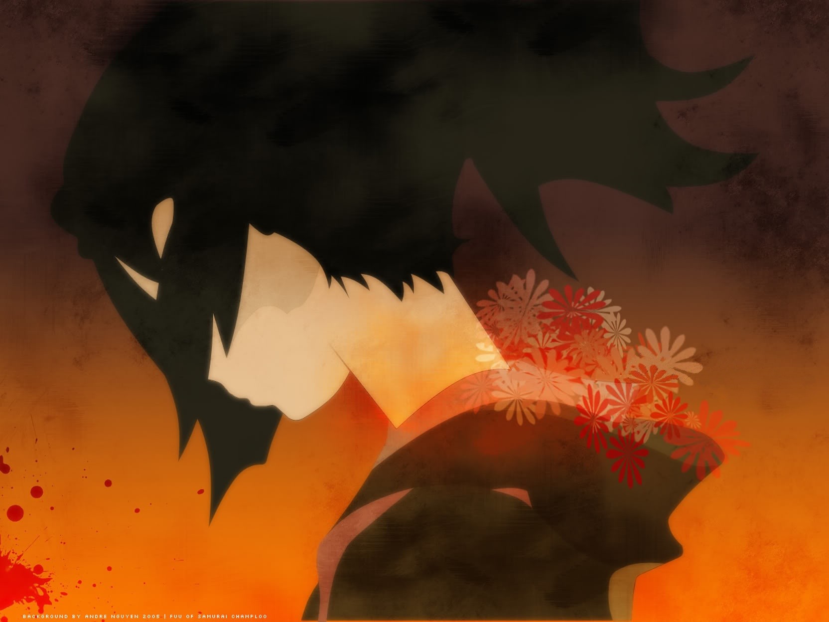 Anime girl with flowers and blood splatters HD Wallpaper