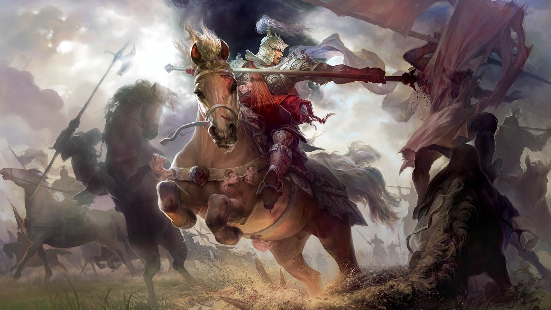 Fantasy art of a knight on horseback in battle HD Wallpaper