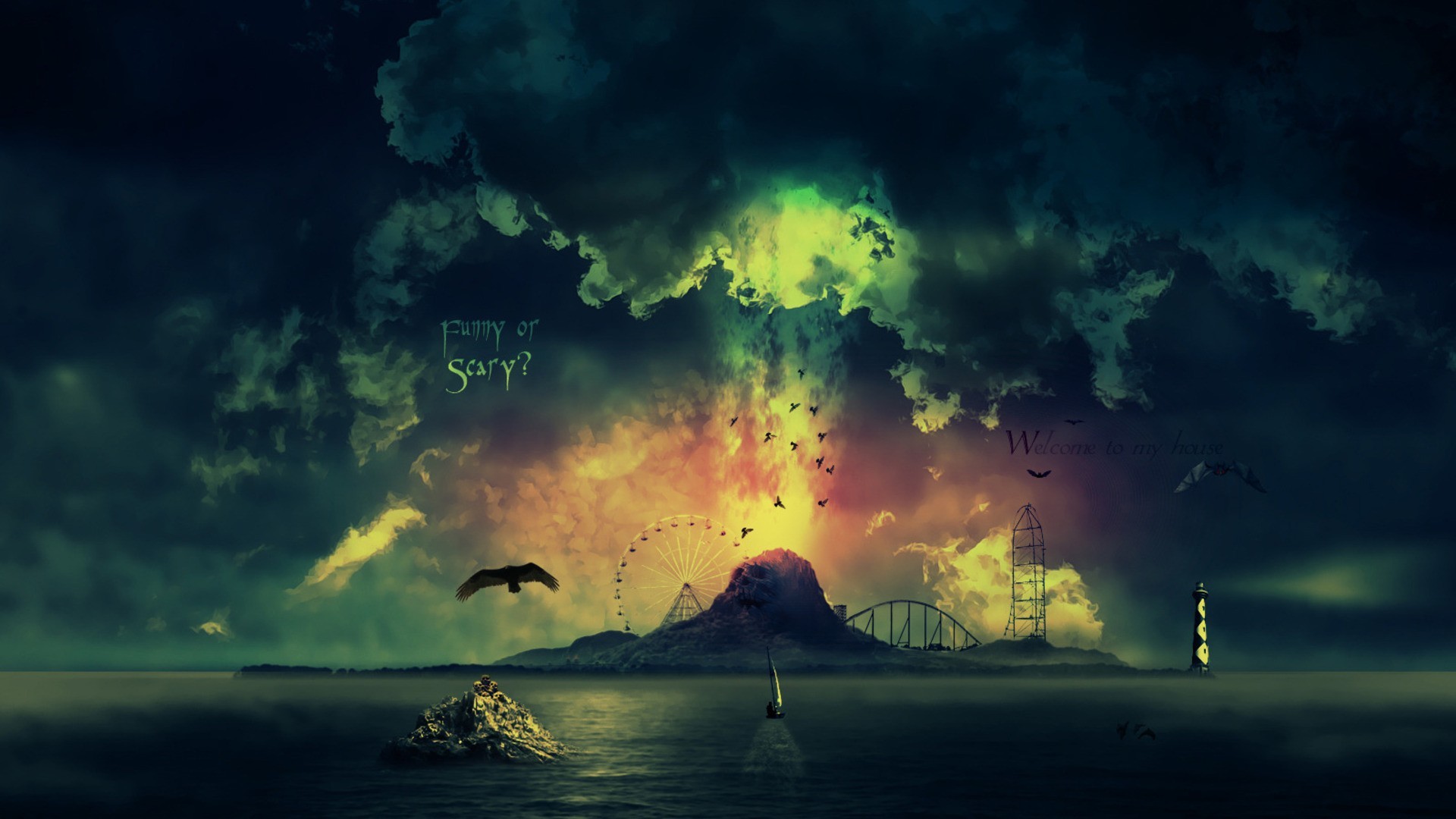 Fantasy island with amusement park rides under stormy sky HD Wallpaper