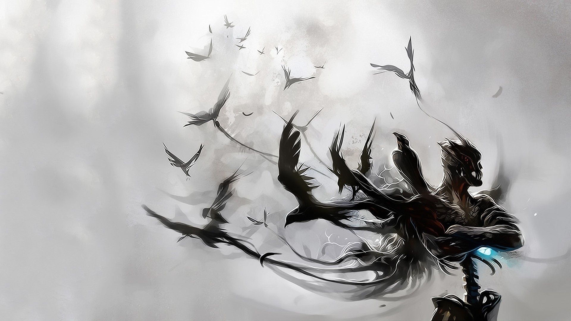 Dark figure with birds flying around HD Wallpaper