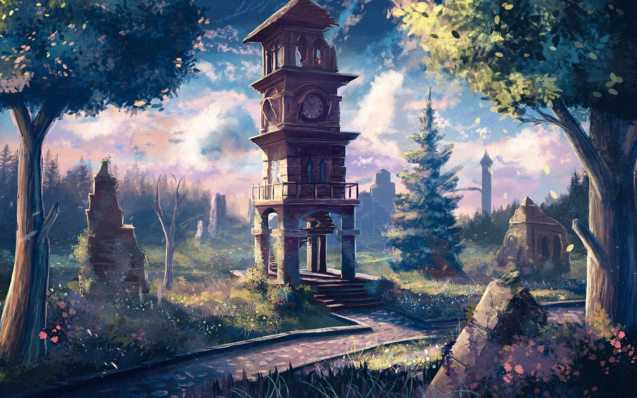 Artwork of a clock tower in a forest clearing HD Wallpaper