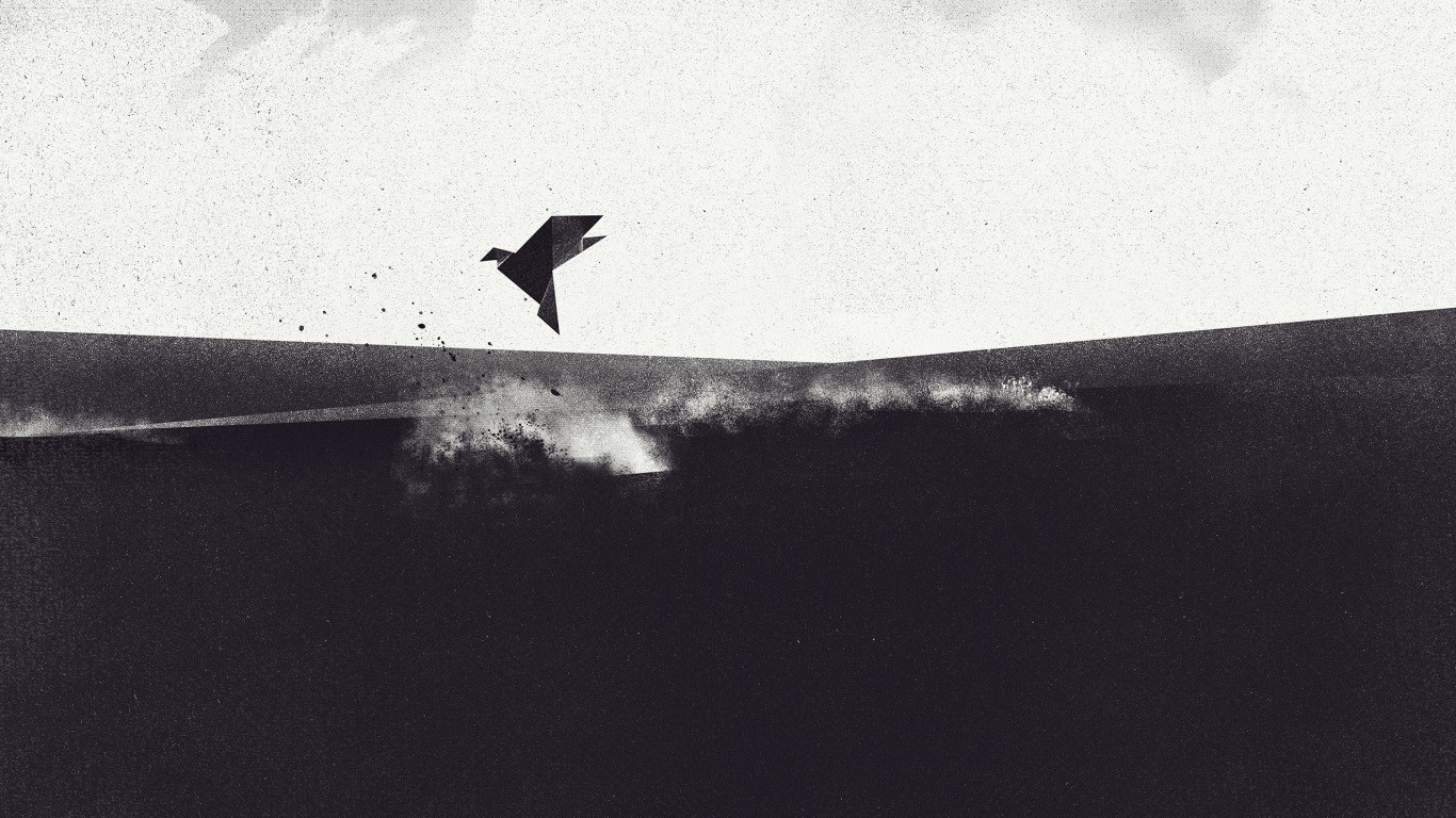 Origami bird flying over dark water HD Wallpaper