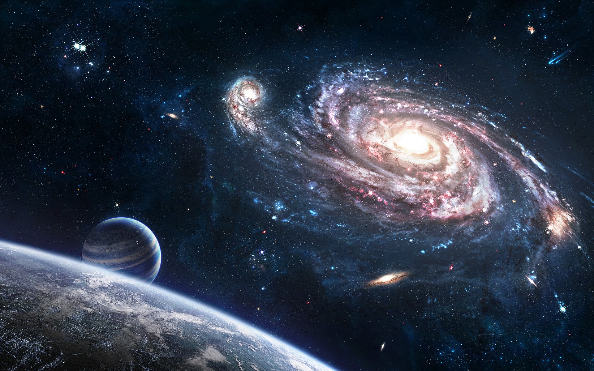 Spiral galaxy and planets in deep space HD Wallpaper