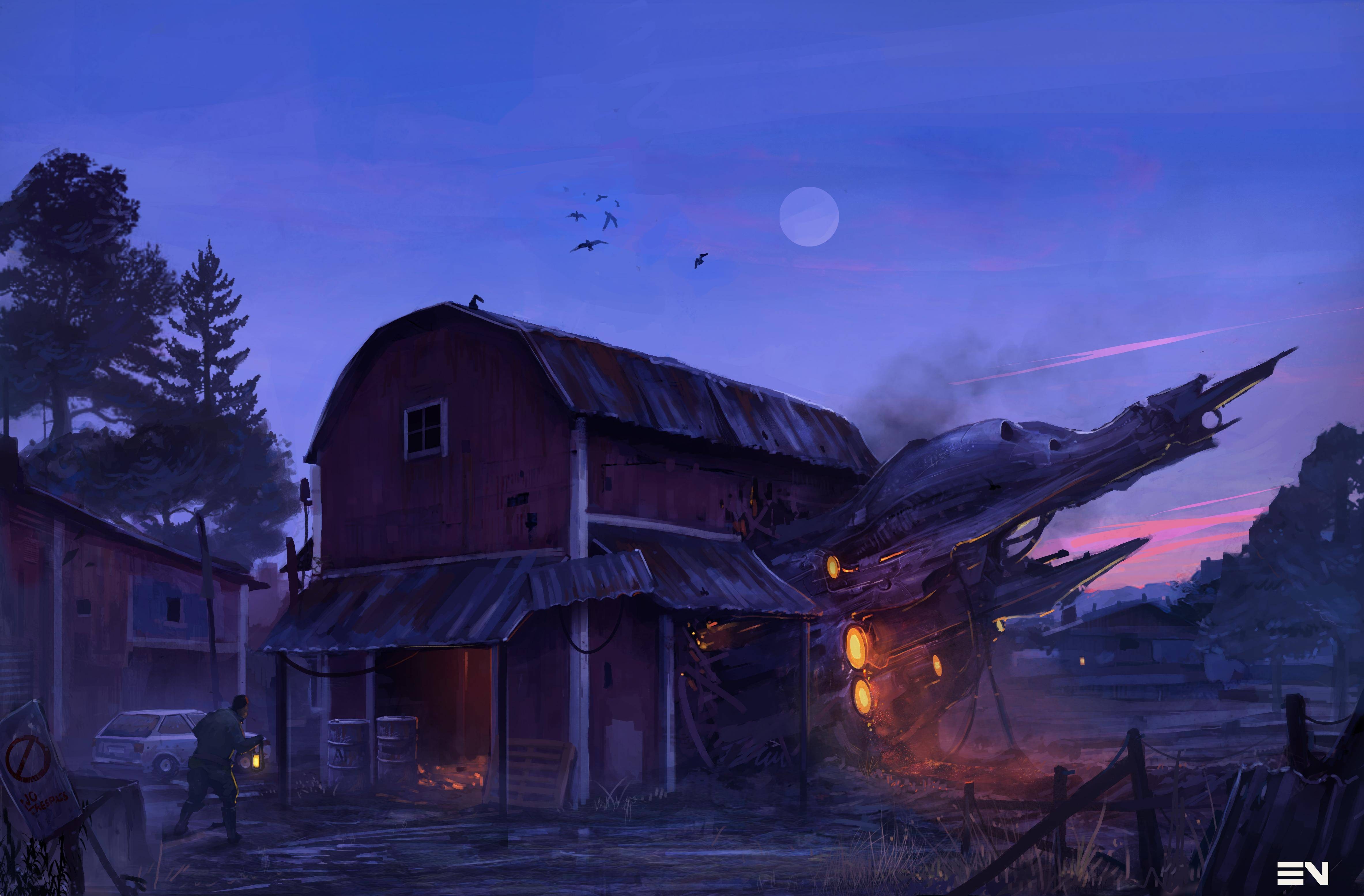 Spaceship crashed into a barn on a farm at dusk HD Wallpaper