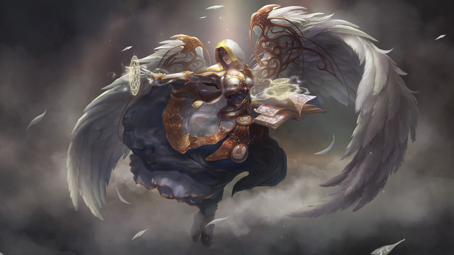 World of Warcraft Angelic Figure with Wings and Books HD Wallpaper