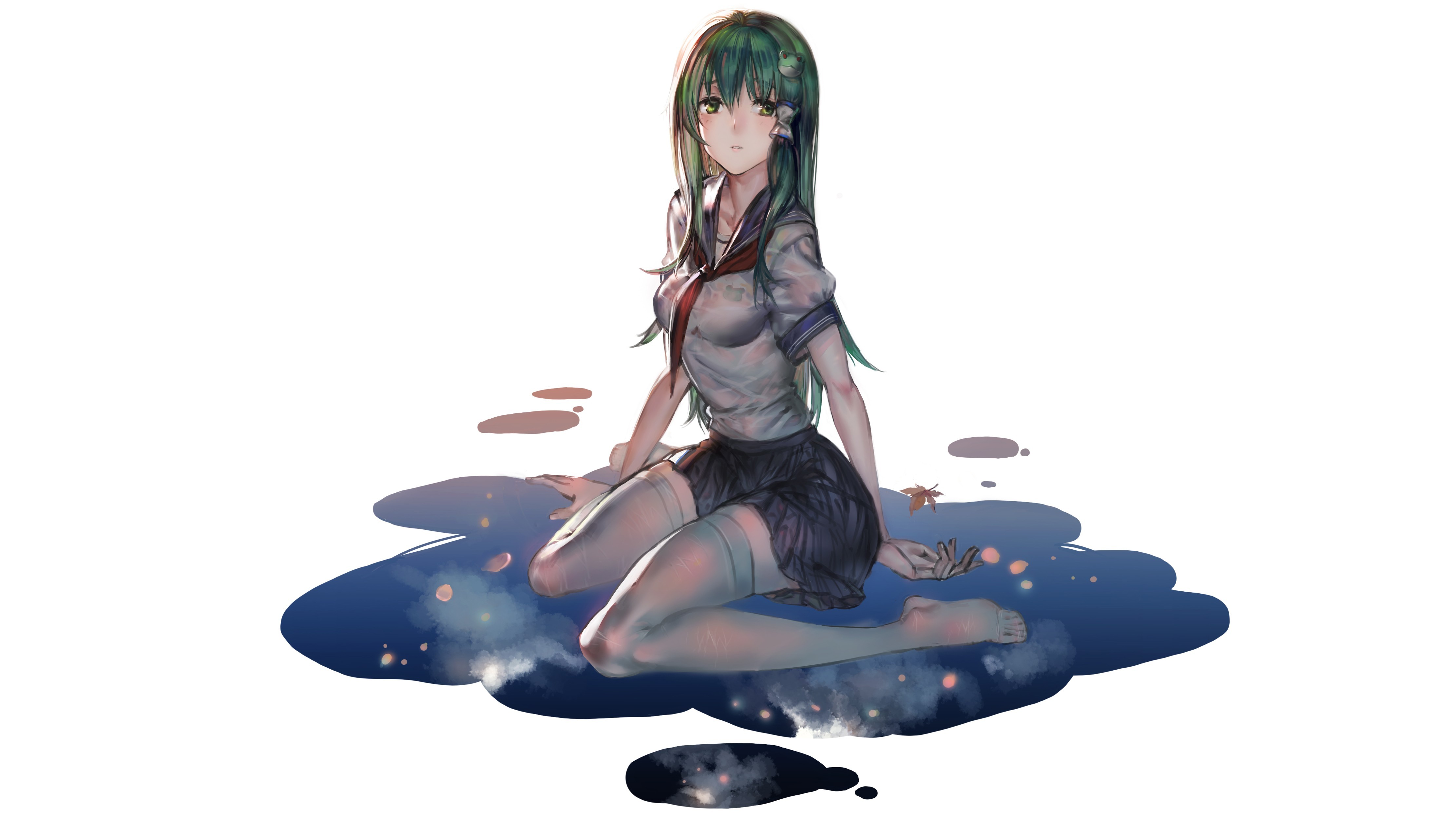Anime girl with green hair in school uniform sitting in water HD Wallpaper
