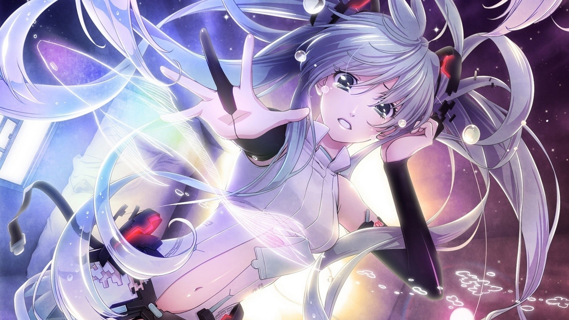 Hatsune Miku reaching out with glowing energy HD Wallpaper