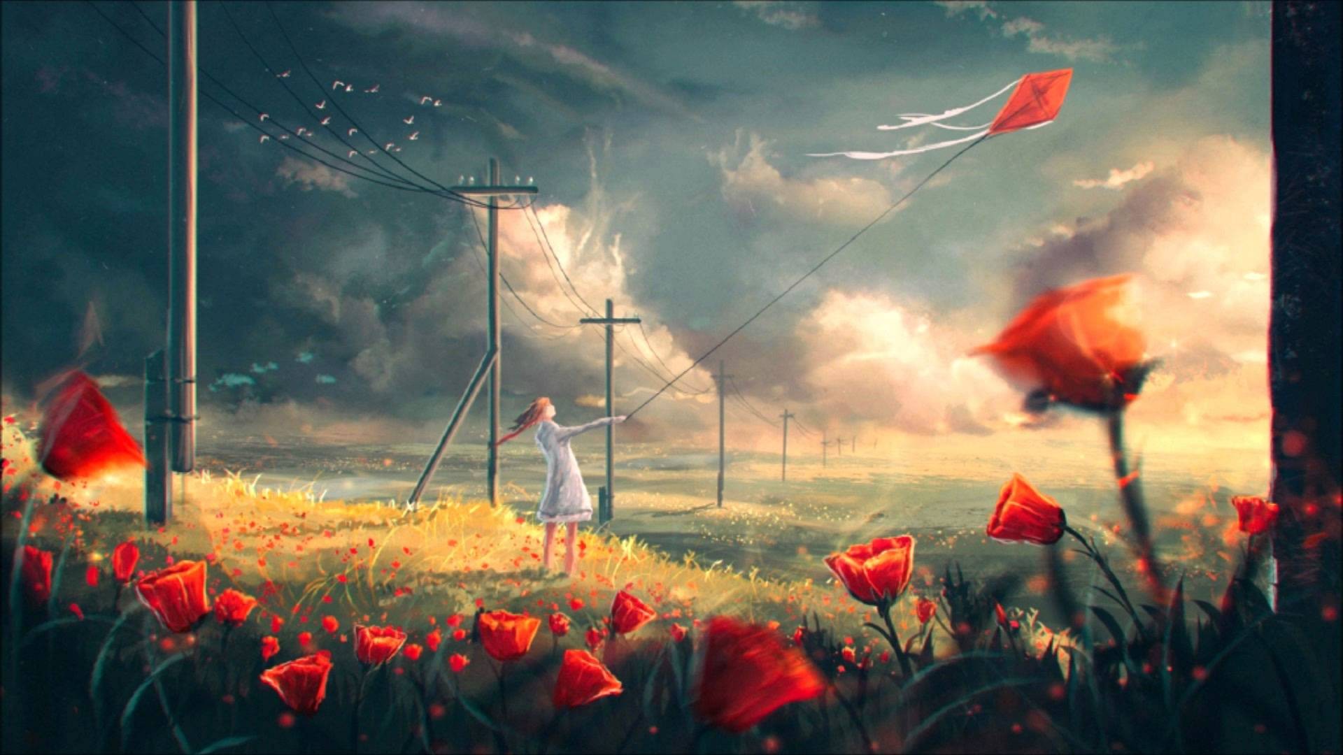 Girl flying a red kite in a field of flowers HD Wallpaper