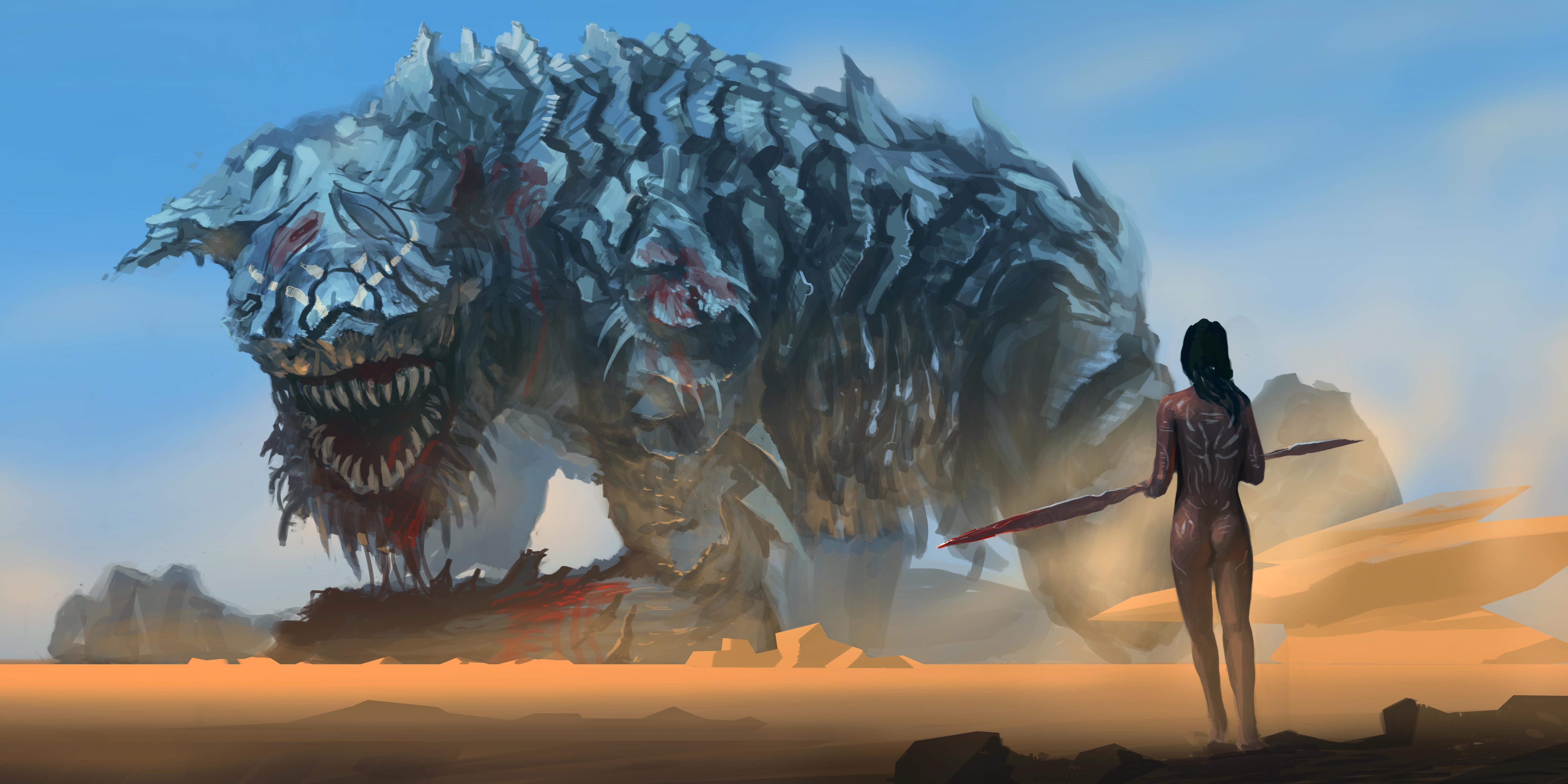 Fantasy art of a monster and a warrior HD Wallpaper
