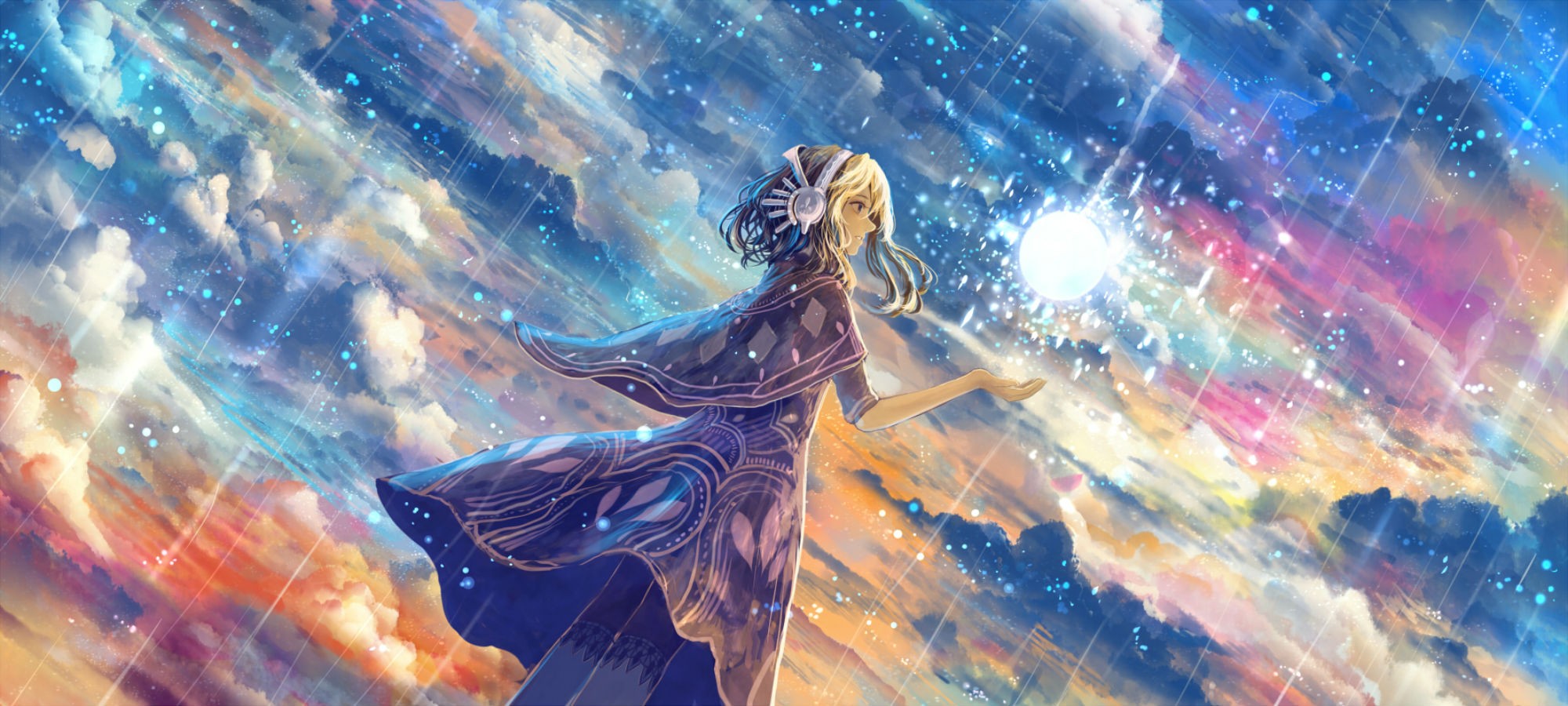 Anime girl with headphones holding a glowing orb in a starry sky HD Wallpaper