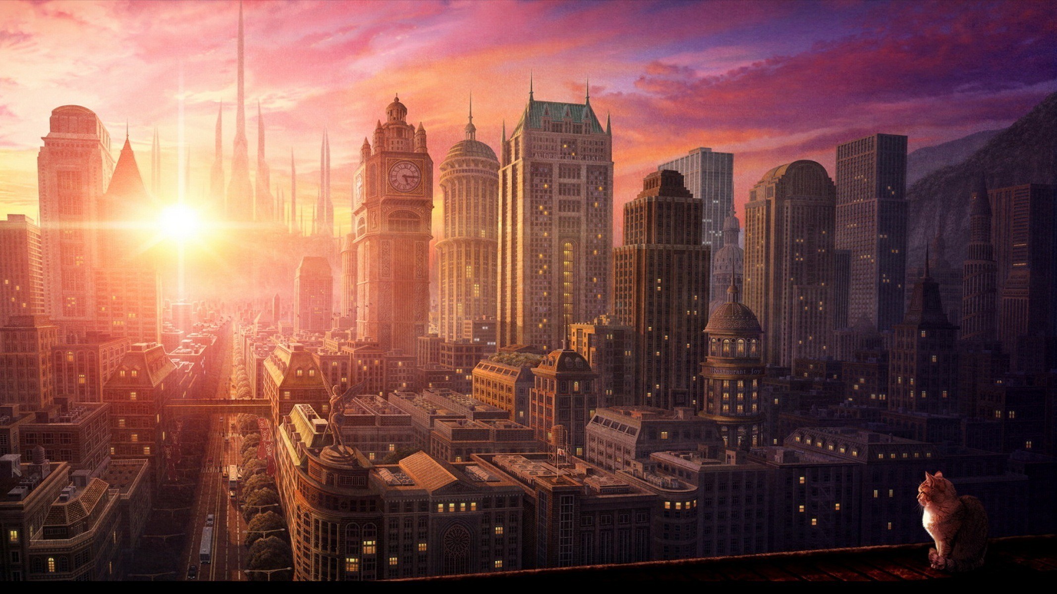 Cityscape at sunset with a cat HD Wallpaper