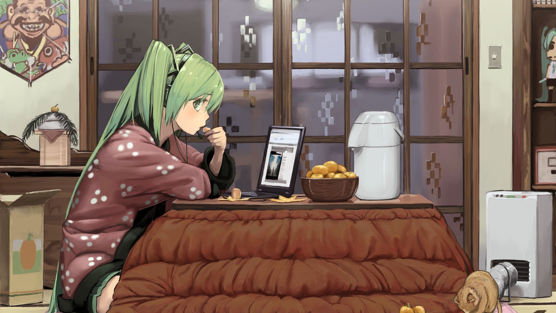 Hatsune Miku eating snacks at a kotatsu HD Wallpaper
