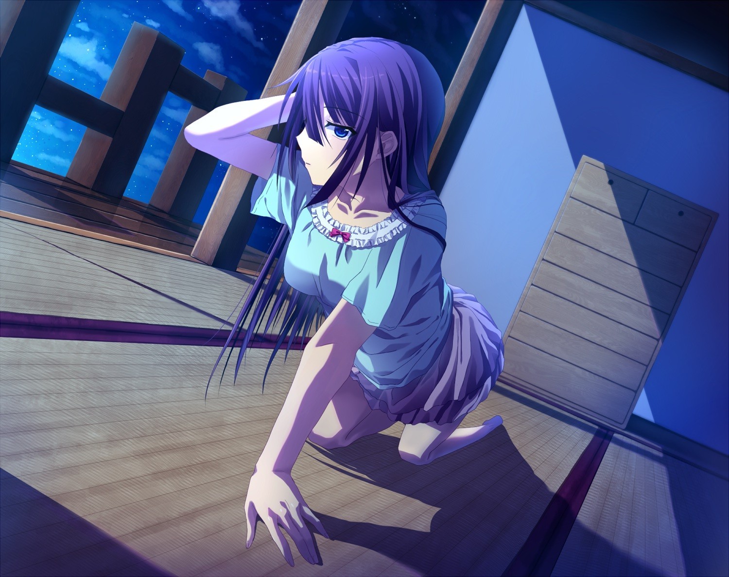 Hitagi Senjougahara kneeling on a wooden floor at night HD Wallpaper
