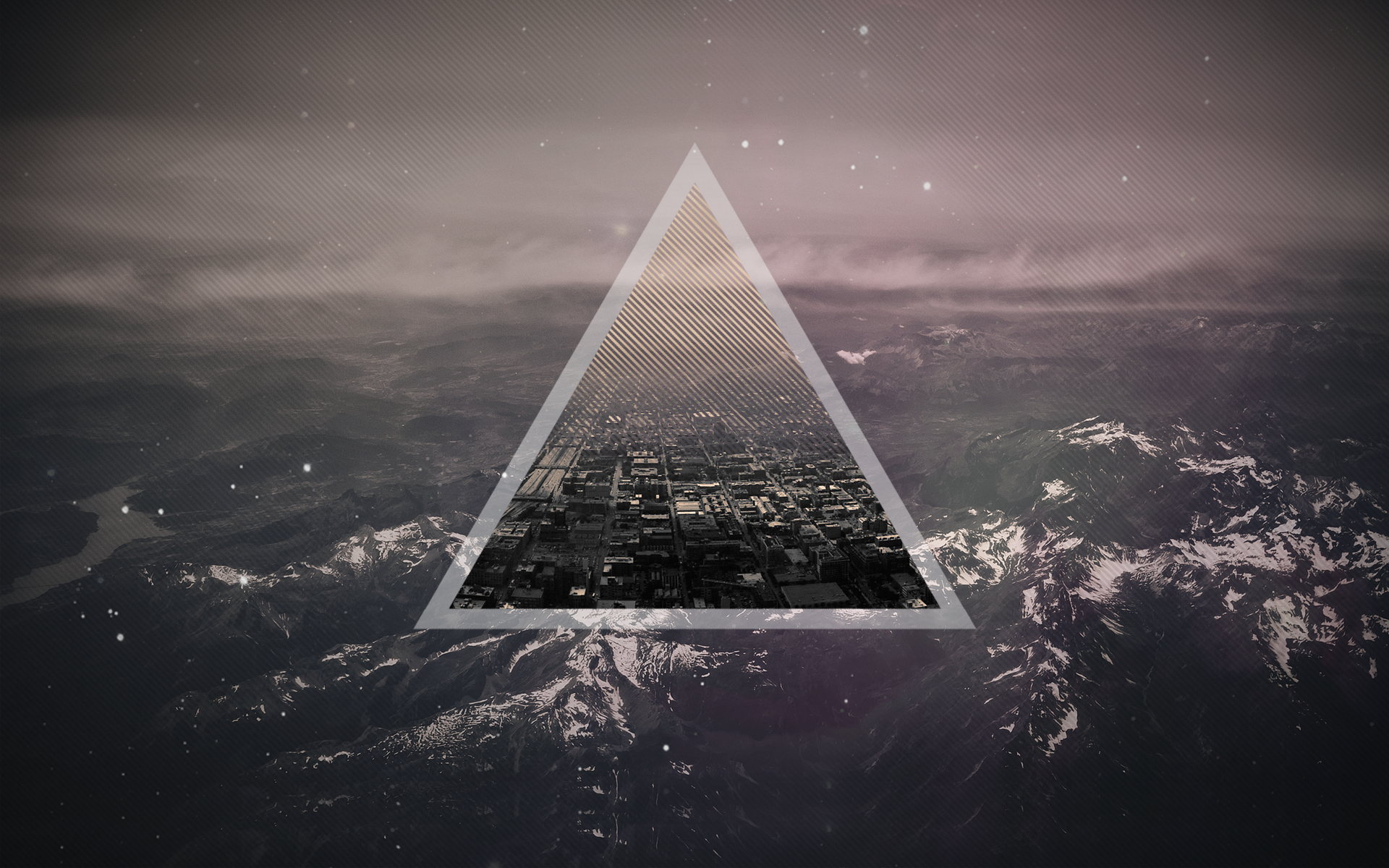 Abstract triangle over cityscape and mountain landscape HD Wallpaper