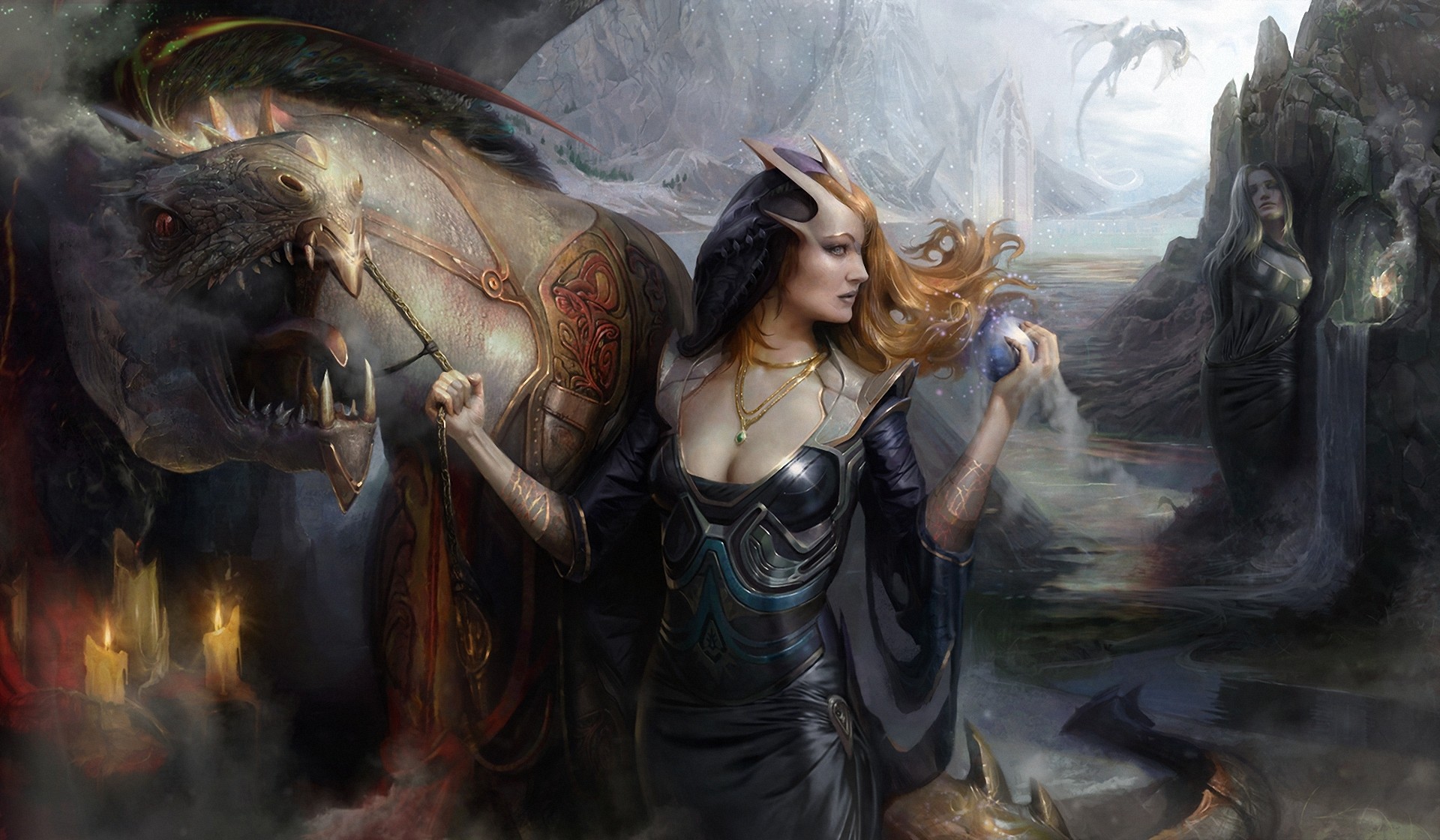 Fantasy art of a woman with a dragon and statues HD Wallpaper