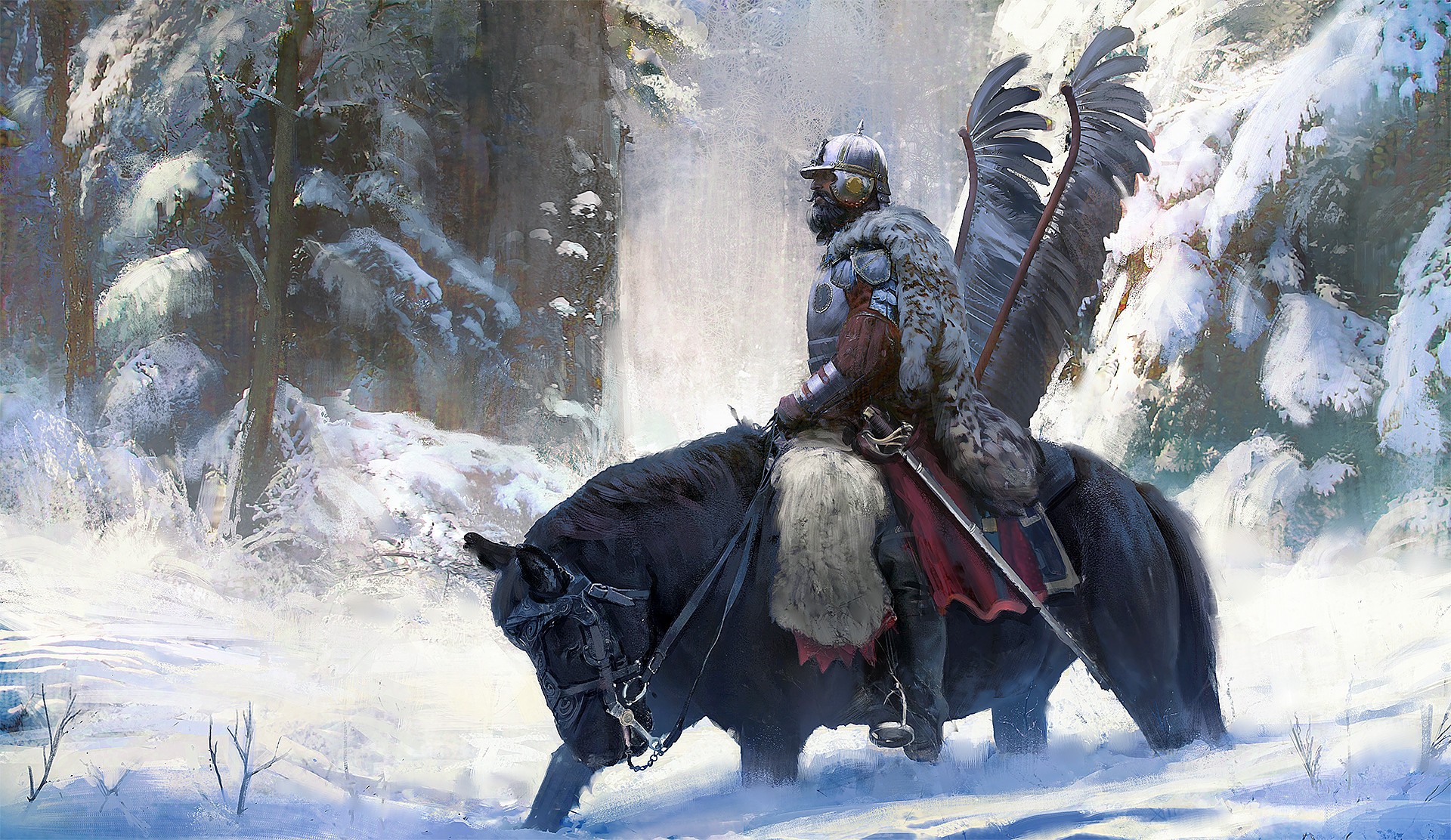 Polish Hussar on horseback in a snowy forest HD Wallpaper