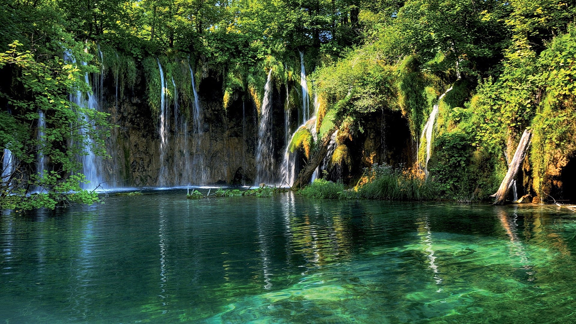 Waterfalls cascading into a clear turquoise lake surrounded by greenery HD Wallpaper
