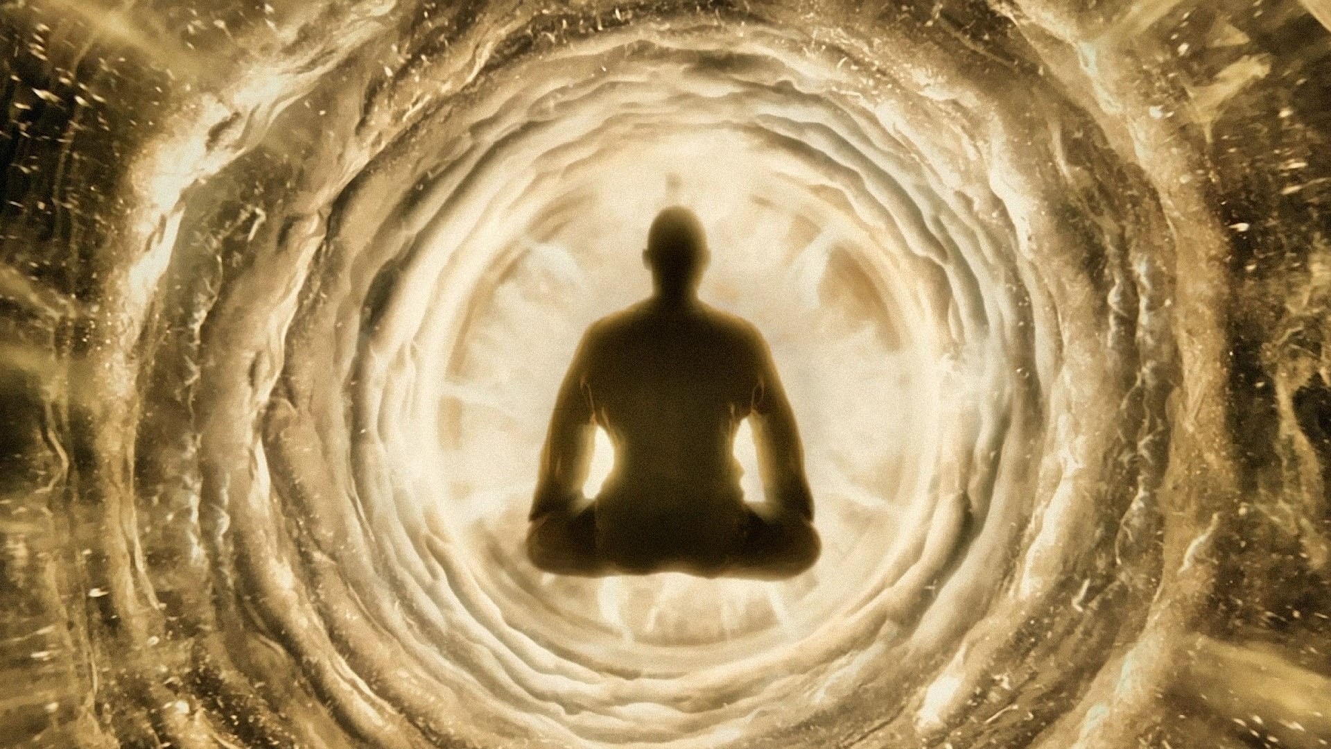 Man meditating in a glowing tunnel HD Wallpaper