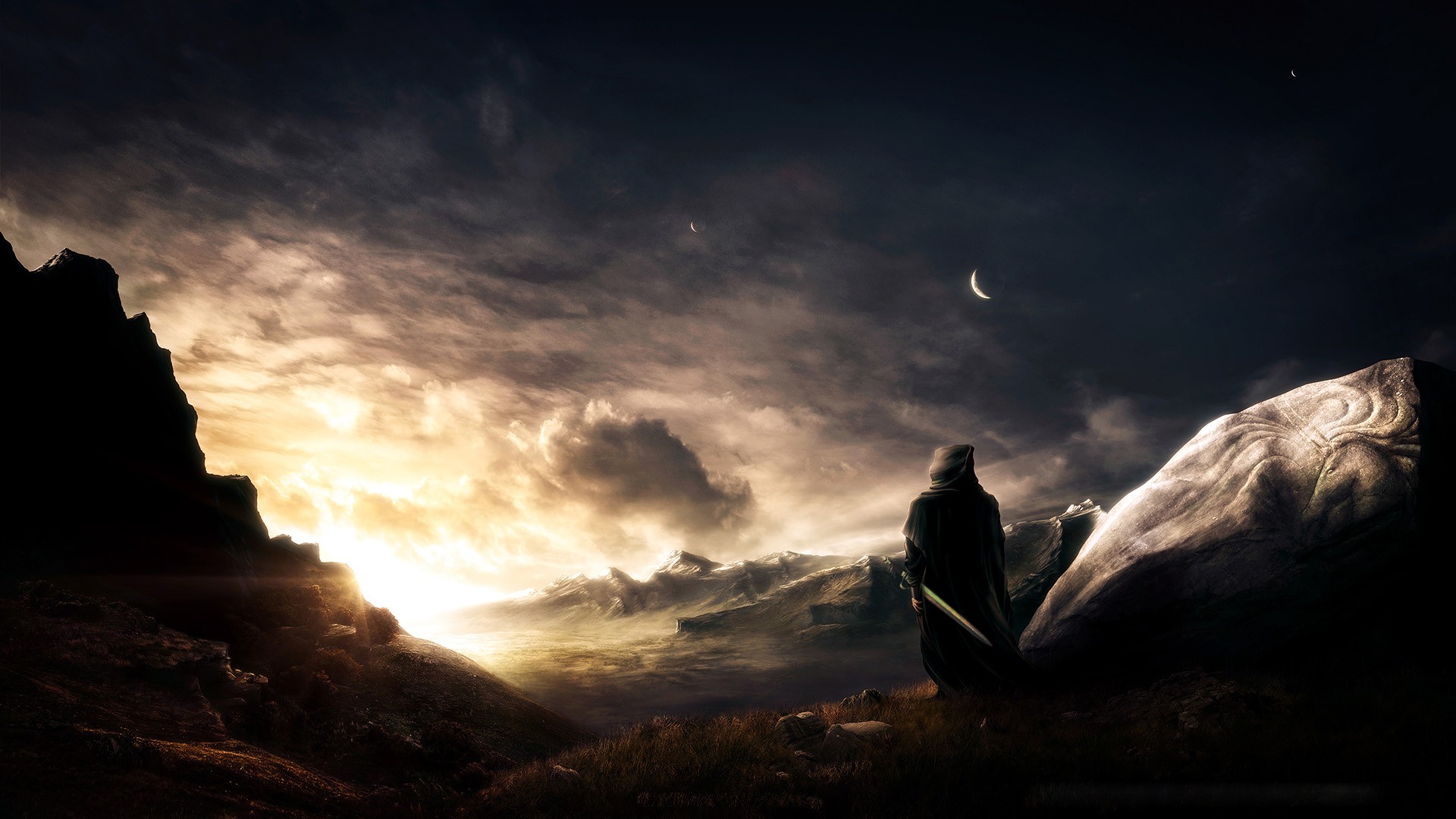 Fantasy art of a cloaked figure with a sword HD Wallpaper