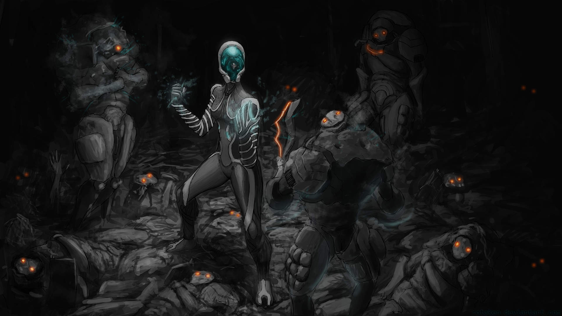 Mag and Grineer in a dark, rocky environment HD Wallpaper