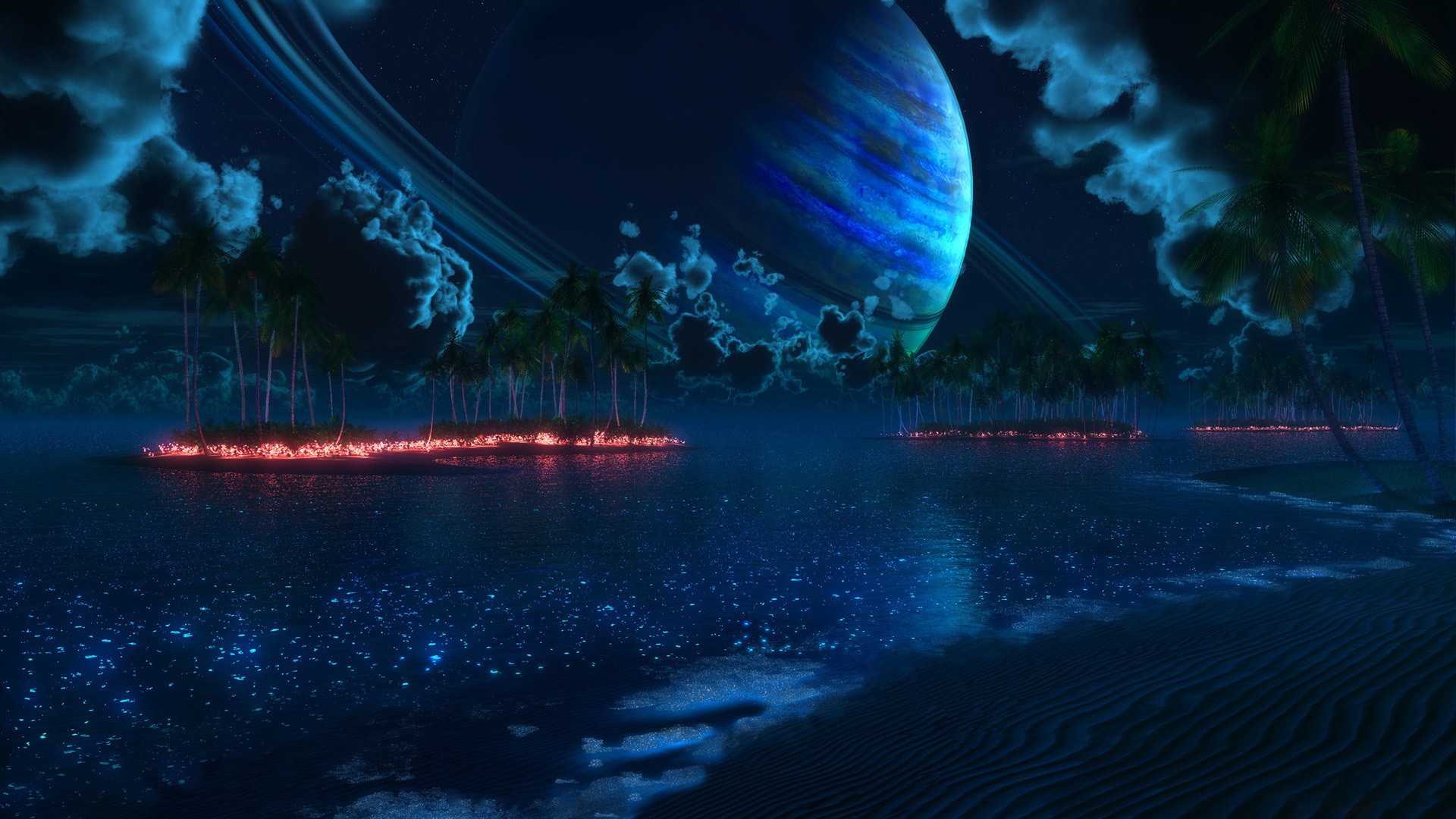 Alien planet with rings over a tropical island at night HD Wallpaper