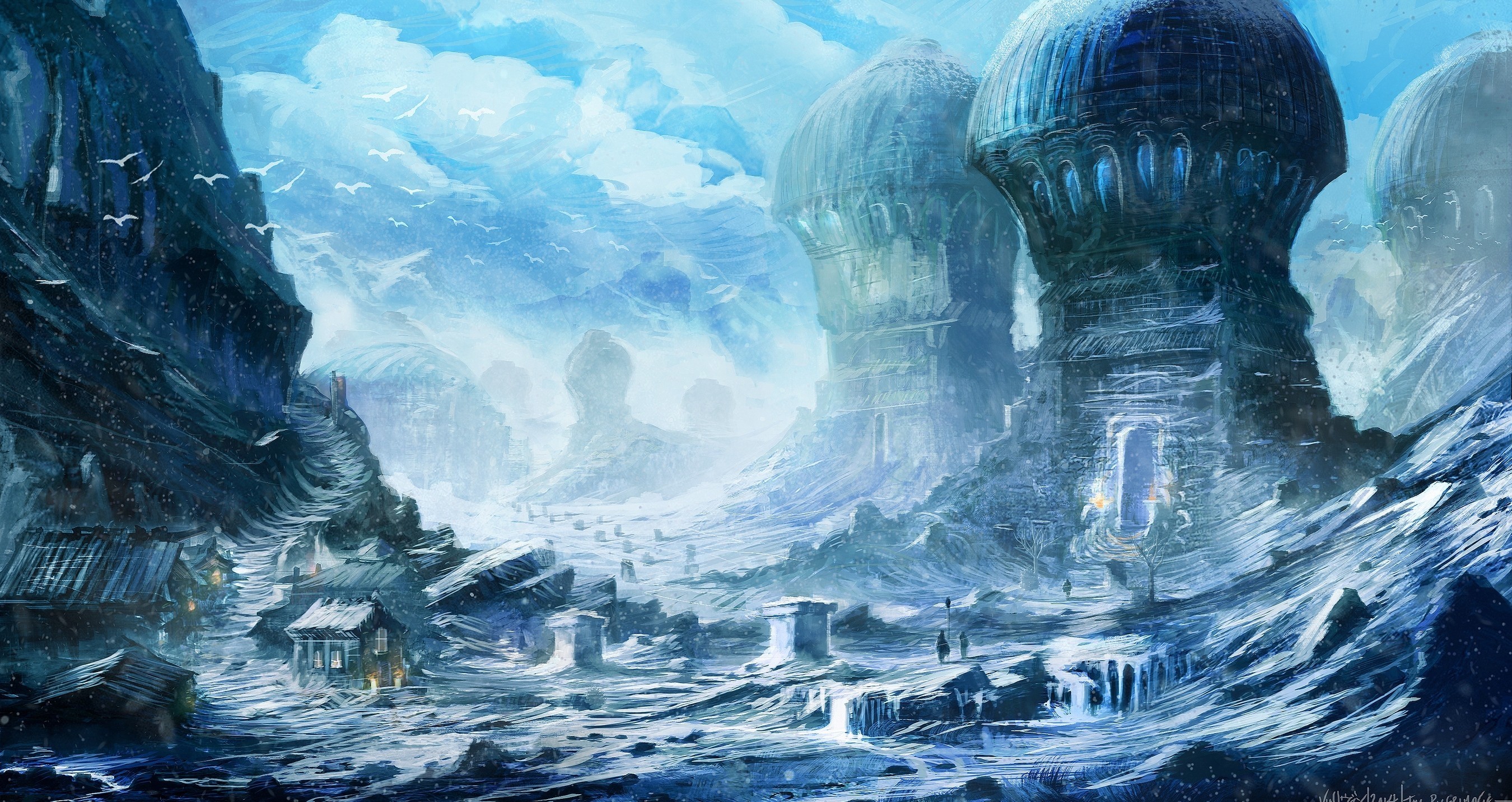 Fantasy winter landscape with alien architecture HD Wallpaper